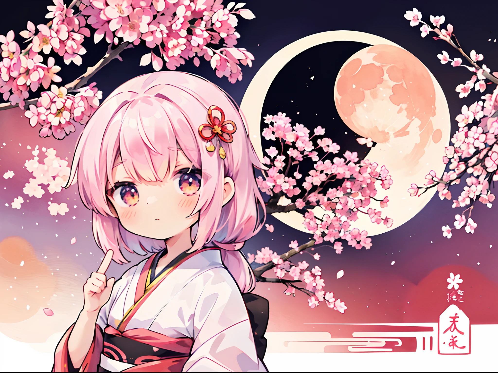 1sticker、a sticker、(aquarelle:1.2)、Nikkaze、(Cute *********** s)、(Gorgeous kimono)、(gorgeous hair accessory)、(Traditional hairstyles of Japan)、cherry trees、​​clouds、Huge round moon behind、stele、white backgrounid、without background、Simple background、Minimal、cute little、A tiny、PastelColors、vector image style、no gradien