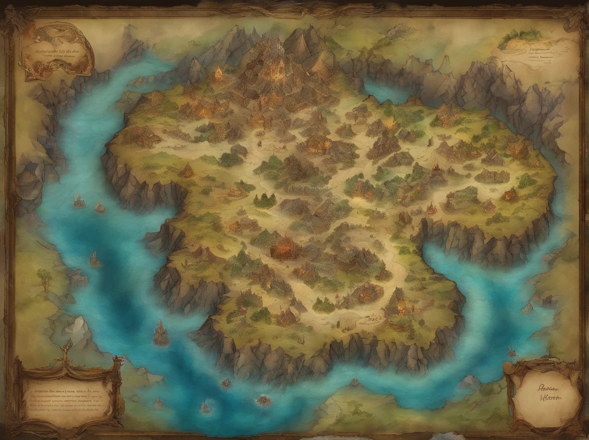 Aerial view taken from top to bottom directly from the drone, Parchment map of the mysterious continent, (Huge dark magic roots sprout from the West:1.2), (Black necrotic magic in the air:1.2), Fire, Ice and thunder, dungeons and dragons, Final Fantasy, Game art, (Coherent architecture and interior design, With realistic proportions and textures, Intricate details, handpainted, vibrant, Cinematic lighting, Masterpiece, 8K:1.2),World map,In the middle of the map is the Holy City,The surrounding area is dotted with villages and a lake or two,In the upper right corner is the snow-capped mountains,In the lower right corner is the desert.There are also cave forests, Marsh Lake,atlas,Continental map