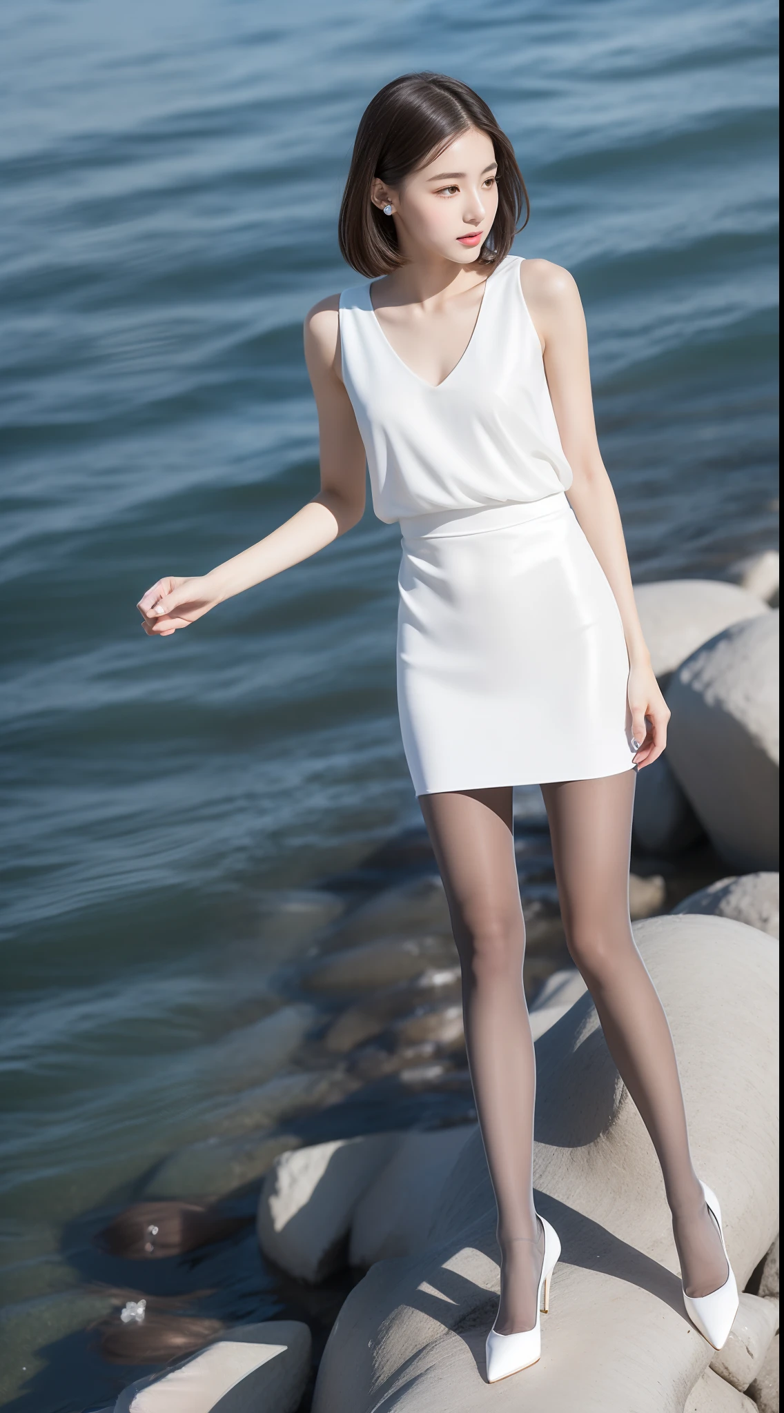 Ultra-clear resolution,top Quority,Wonderful young girl,ear studs,Short shoulder-length hair,Clear eyes,plain face,Gloss on lips,s the perfect face,White skin,Perfect chest,Slender legs,lacepantyhose,Gray office miniskirt,high-heels,mountain water