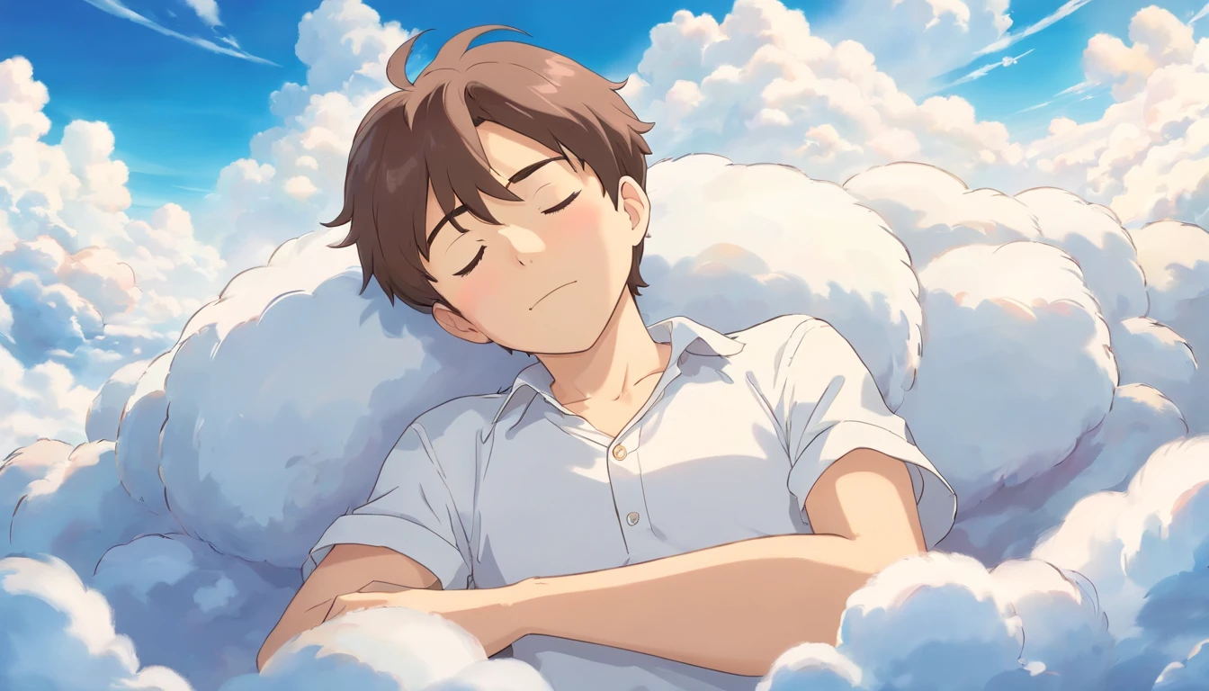 Sleeping on the clouds, Handsome man in white shirt, Eyes closed, Short-haired, Sunny