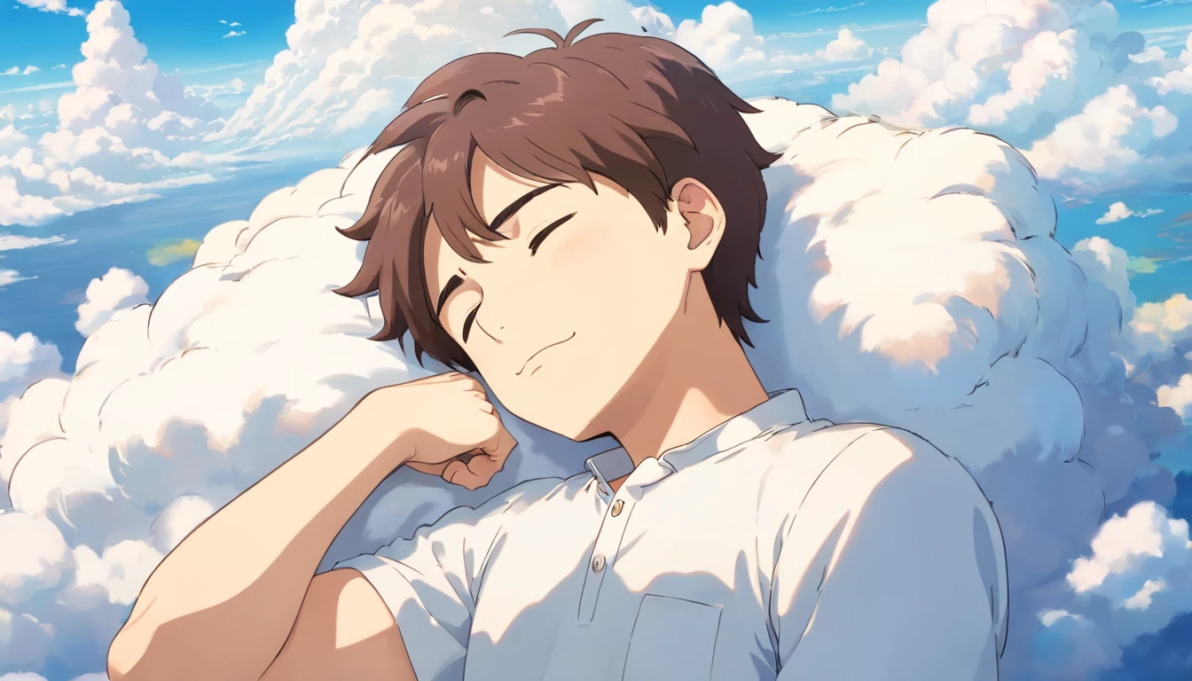Sleeping on the clouds, Handsome man in white shirt, Eyes closed, Short-haired, Sunny