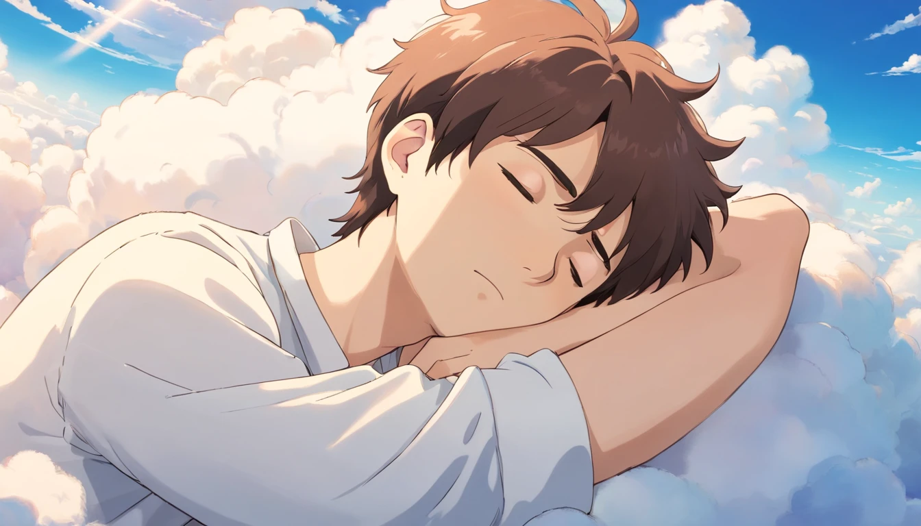 Sleeping on the clouds, Handsome man in white shirt, Eyes closed, Short-haired, Sunny