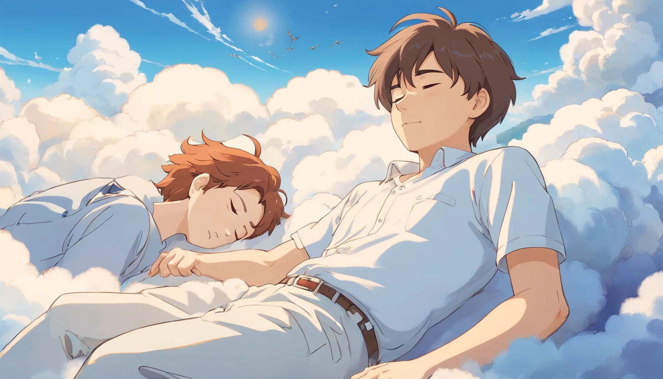 Sleeping on the clouds, Handsome man in white shirt, Eyes closed, Short-haired, Sunny