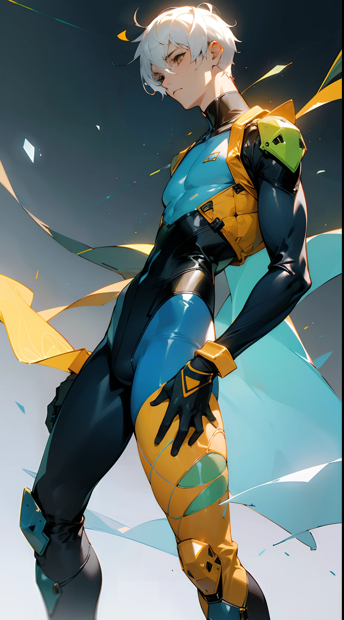 (masterpiece, best quality )detailed, 1Character , pastel washed out colors , cell shade , soft, muted shades ,gentle colors , blue archive art style
A sleek, form-fitting, deep navy blue bodysuit made from a high-tech, moisture-wicking material that resembles the texture of citrus peel, Over the bodysuit, he wears a semi-transparent, holographic vest with a holographic citrus fruit pattern that shimmers , slim-fit, midnight black pants with intricate orange stitching resembling citrus tree branches, pants feature built-in knee pads, ankle-high, black boots with orange accent stripes, sleek, black visor , his wrists, he wears high-tech, holographic gauntlets, citrus-themed utility belt adorned with holographic citrus fruit-shaped pouches holds various high-tech gadgets and tools, Handsome man , mature man , long hair , blue hair , blue eye , ((muscular:1)) , ((masculine)), ((has gray horns on the sides of his head:1.4)) , ((mature:1)), age 43