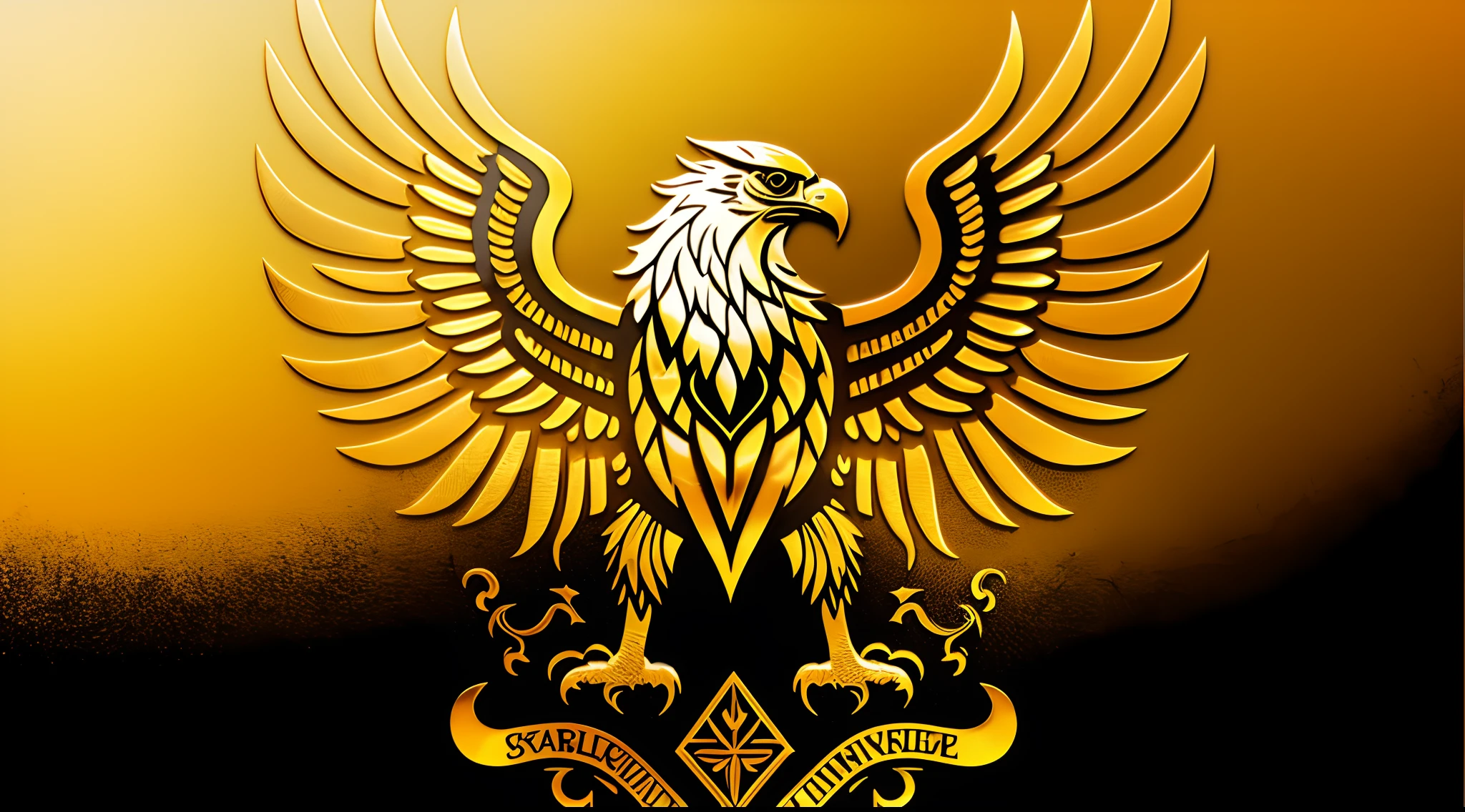 Golden eagle with wings and shield isolated on black background, with an eagle emblem, Eagle Logo, Engraved vector image, emblem of wisdom, imperial symbol, album, shoulder patch design, Majestic symmetrical eagle wings, Royal insignia on the background, high quality scan, hali々and clothes, SVG Illustration, White eagle icon, insignia, Hydro 74 Style, Royal Bird
