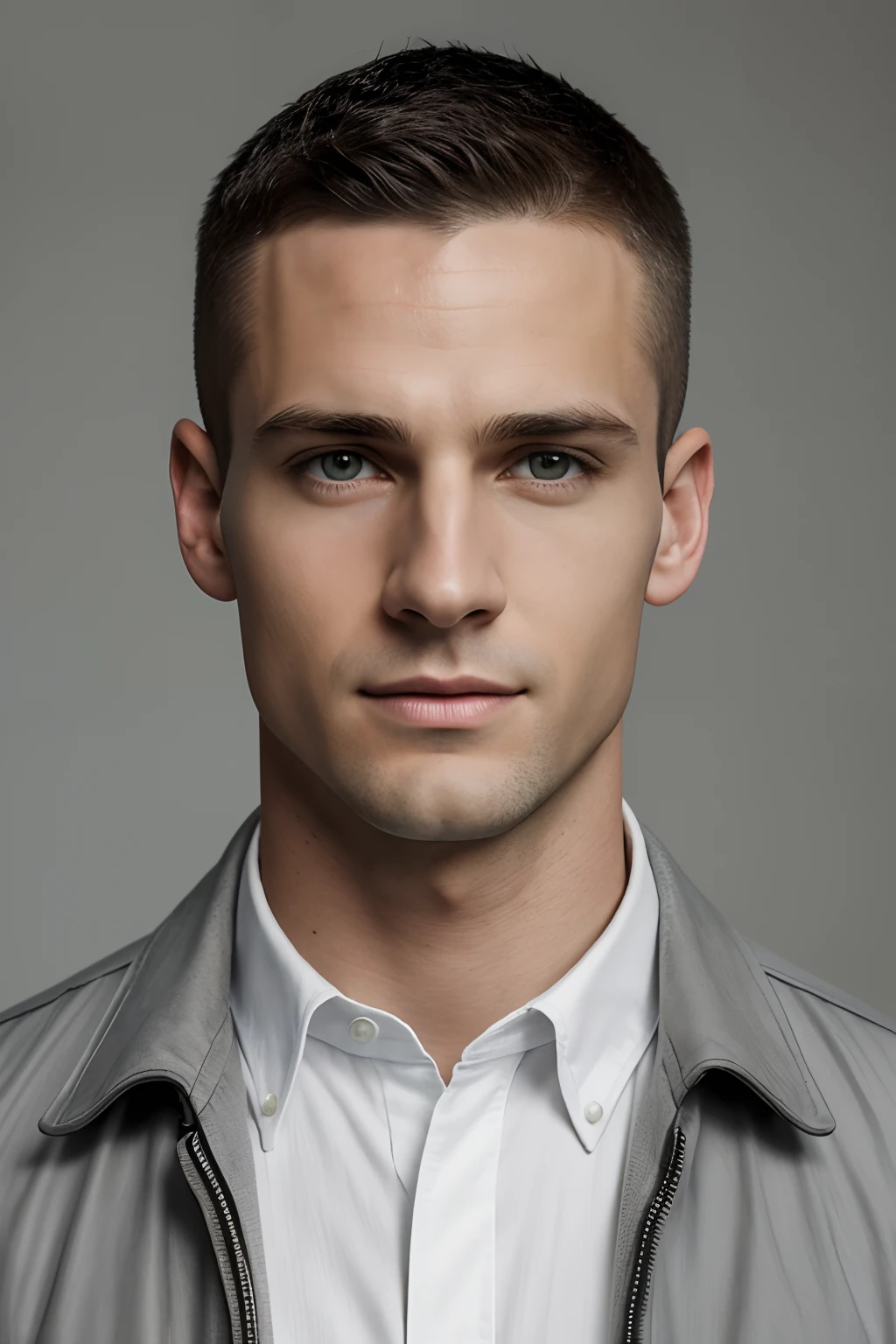 detail skin texture, (Best Quality:1.4), 8K resolution, High resolution, (Photorealistic, High resolution:1.4), Raw photo, (Realistic, Photorealsitic:1.37), portrait, Handsome Caucasian Male, Super Model, 27 Years Old, white male avatar, soft light, face in focus, happy, cheerful, warm light, ((gray white background)), ((gray white background)). ((gray wall background)), avatar, (very short hair), in a modern fashionable jacket and shirt, handsome, young, green eyes, crew cut, very short hair, crew cut, round face, brown hair, shaved, very clean shaven, perfectly straight in front of the camera, hyperealistic, detailed, naturalistic portrait, positioned exactly in front of the camera, very detailed eyes, perfectly straight in front of the camera,