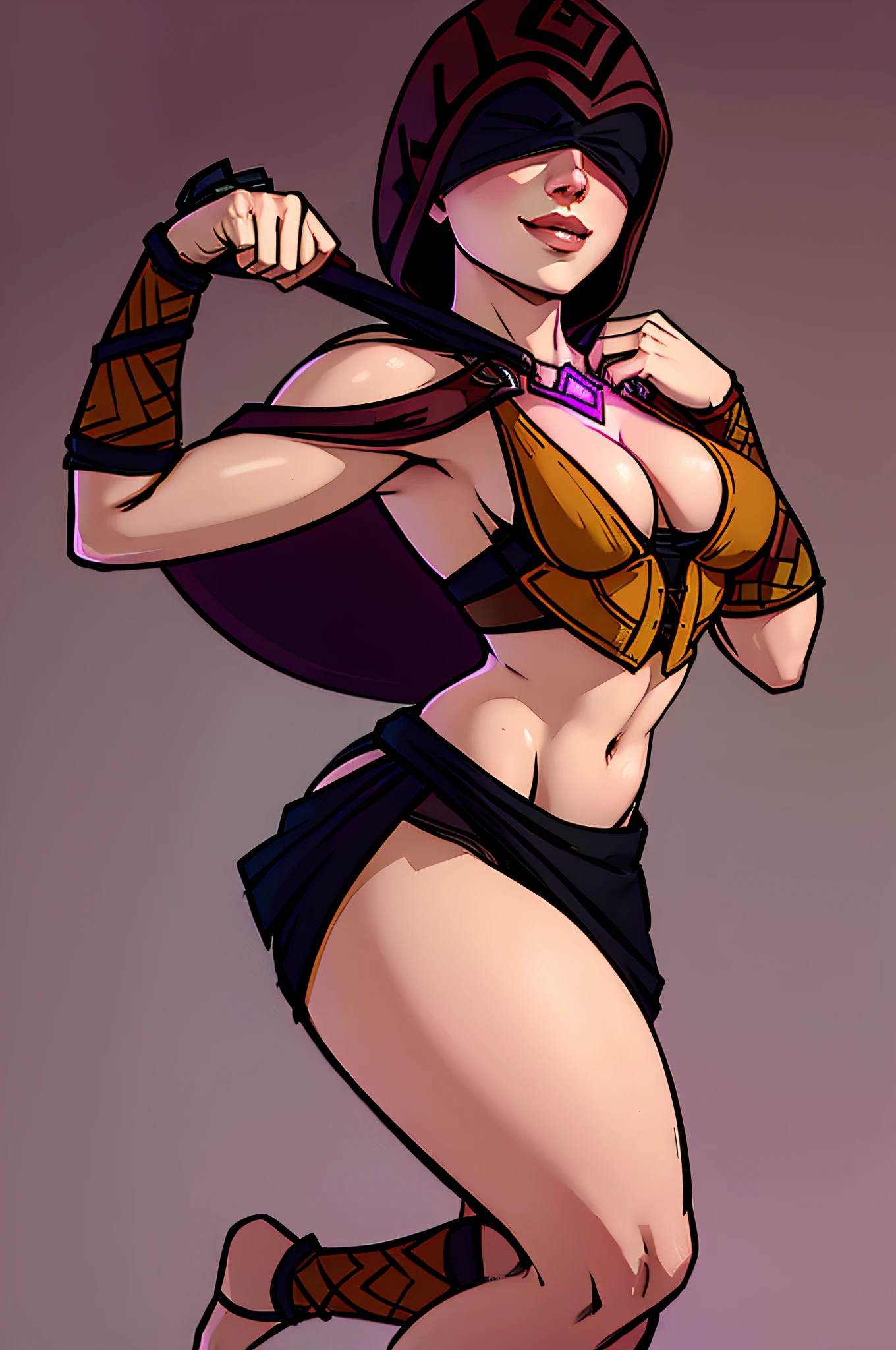Seris, lips, SerAtt, blindfold ,hood up , jewelry, midriff , cleavage, skirt , small brown vest, black undershirt, navel, black panties, bare shoulders, barefoot, leg bandages, 1girl, solo, smile.