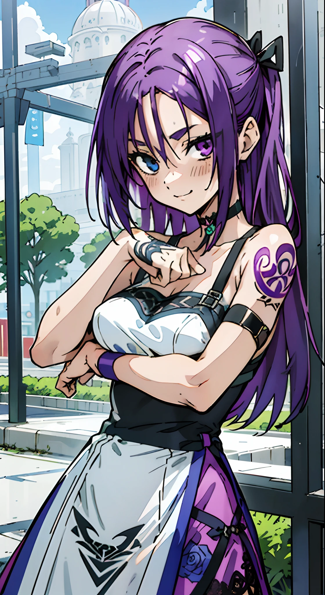 Colorful, Up-close, purple color  hair, Ultra-realistic hair quality, Vibrant colors, Young Girl, 14years old girl, Beautiful long hair, Shiny hair, detailed hairs, Hair Ribbon, Single-sided up, Reo Mikage, Blue Lock, no sleeves, Sleeveless, Open shoulders, Camisole and cheongsam, Blue Camisole, Panniers and cheongsam, Dress, Lace dress, long-one-piece dress, Chest exposure, Lace underwear, Metamorphosis is exposed, buckles, Choker, Black Choker, complete fingers, Five Fingers, Two arms, Two hands, The tattoo, body tattoo, arm tattoos, Blue Rose Tattoo, Tattoo on the wrist, Tattoo on the thigh, Relative area, Sexy breasts, Big breasts, red blush, 1girl in, Solo, Sharp face, Heterochromia, Green eyes, Purple eyes, Bare neck, Happy face, lightsmile, Skirt in dress, Panniers in dresses, Torn dress, Tattered Dress, china, castle, kingdom