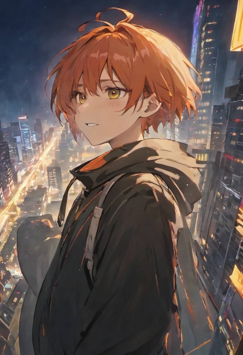 close up shot, blind fold, smiling, standing on the terrace of a building, night, modern city lights, detailed cg city, top, cinematic lighting, lens flares, detailed shading, detailed lighting, best quality, contrast, sharp, masterpiece, illustration, best detail, highest lens flare quality, night sky, distant city fog, volumetric clouds sky, detailed face construction, Gojo satoru, jujutsu kaisen, Satoru_Gojo,
