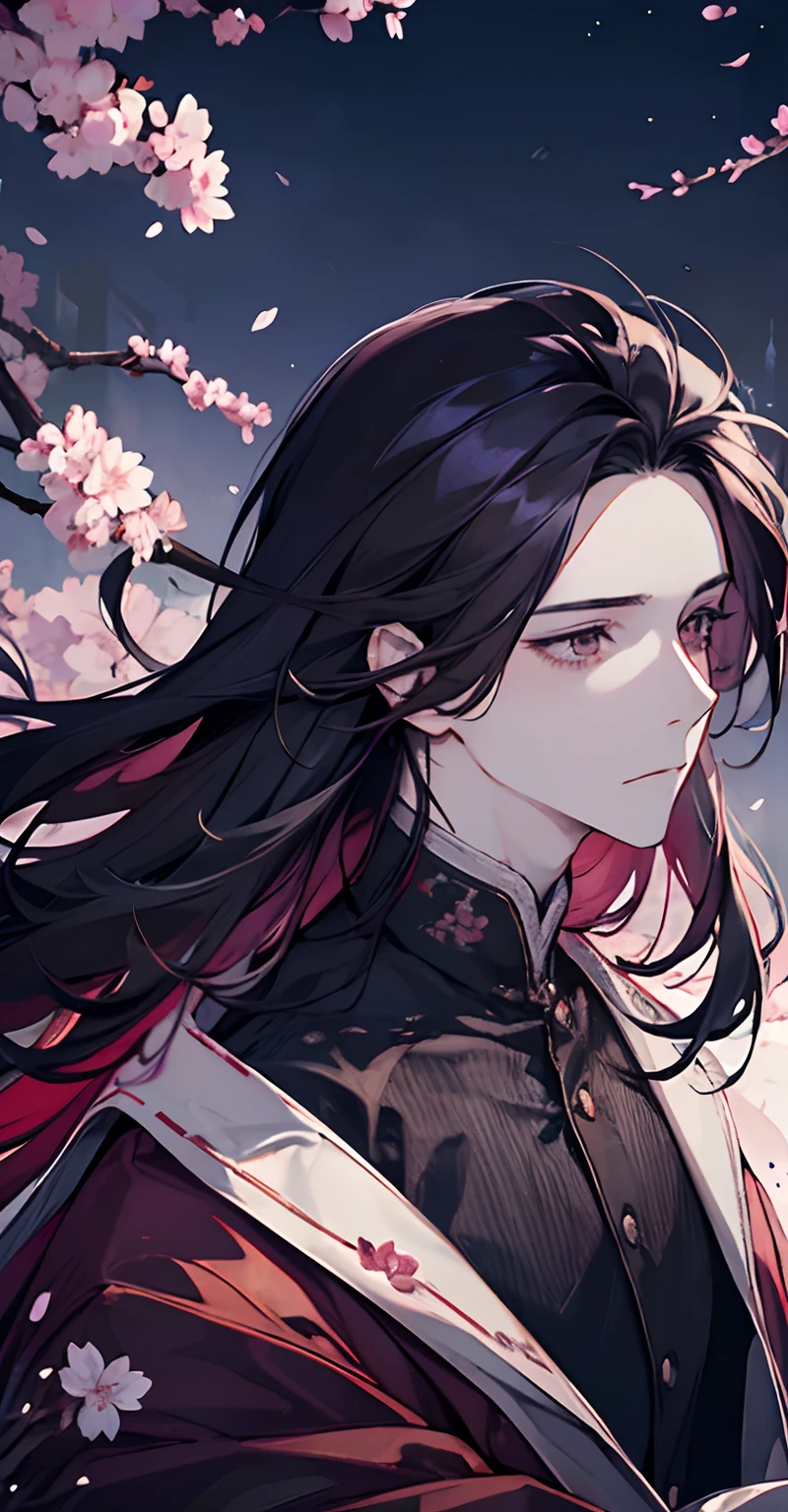 a man wearing a long flowing jacket, oversized sleeves, amazed expression, standing under a cherry blossom tree, petals, a cherry blossom flower in hair, long black ombre hair, man in his 20s, black shoulder bag, wind, serious expression, sitting down, city background, night time, beautiful soft lighting, starry sky, close up of face