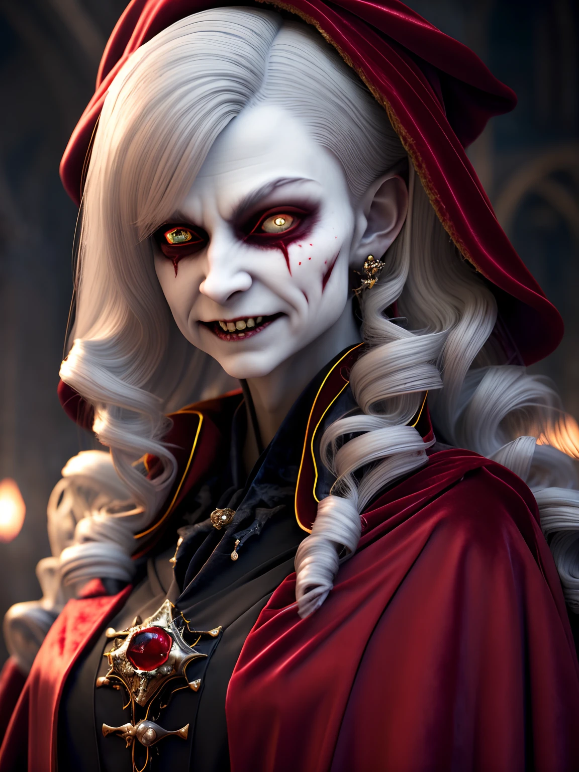 "((close up potrait)), Dark fantasy, gothic style, vampire King, wearing a gothic-style suit, (with a bloodthirsty smile), and a blood moon in the background. The scene is set in a gothic castle with lots of shadow small bats, emphasizing the pale skin and glowing eyes, highly detailed skin), lifelike texture, supple skin pores, (wearing velvet red royal vampire robes:1.2)35mm F/1.4 cine lens, soft focus, (hyperdetailed, intricately detailed), film-like, HDR, 8k