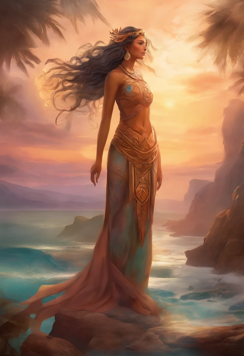 Hineahuone, woman made from clay, deity, body forming from clay, breath of life, sneezing to life, Polynesian, beach, creation of first woman, realistic style, god creating woman, clay turning into skin
