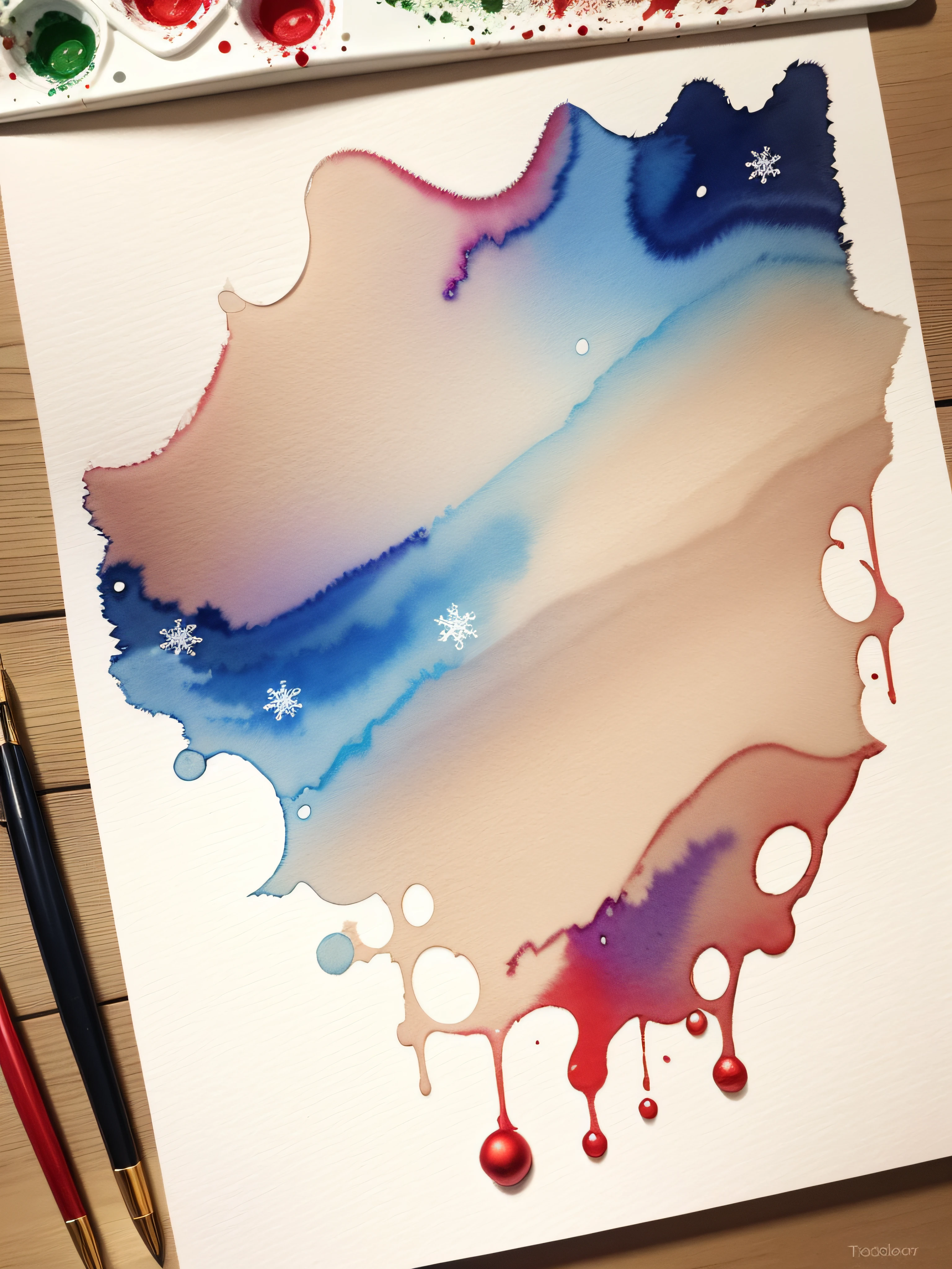 christmas watercolor page, abstract watercolor texrture . beige tones, no shadow no dark, faint snowflakes, faint images