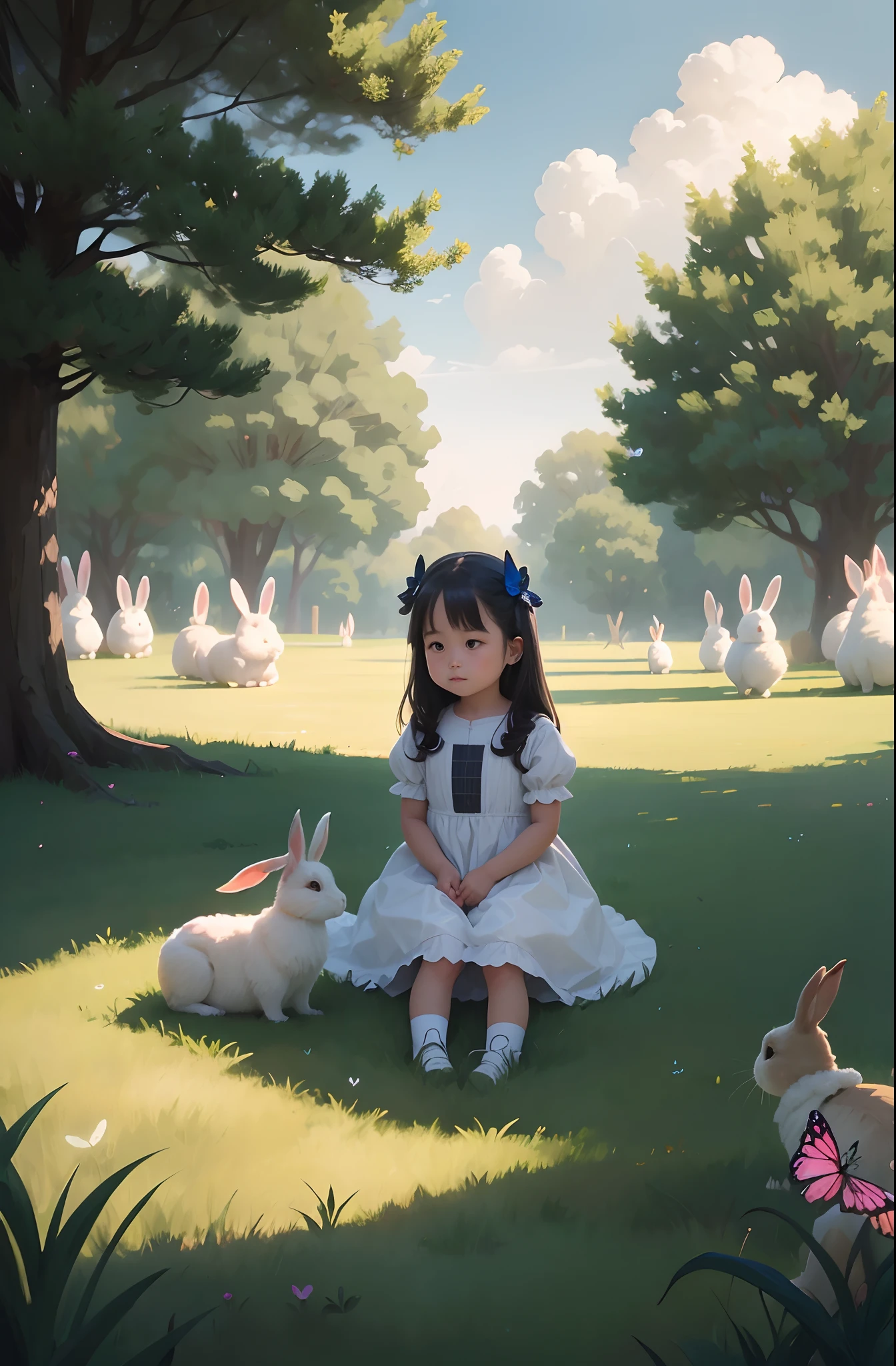 on the lawn and a group of rabbits,Cute and fluffy,Butterflies and fireflies、Film light and shadow