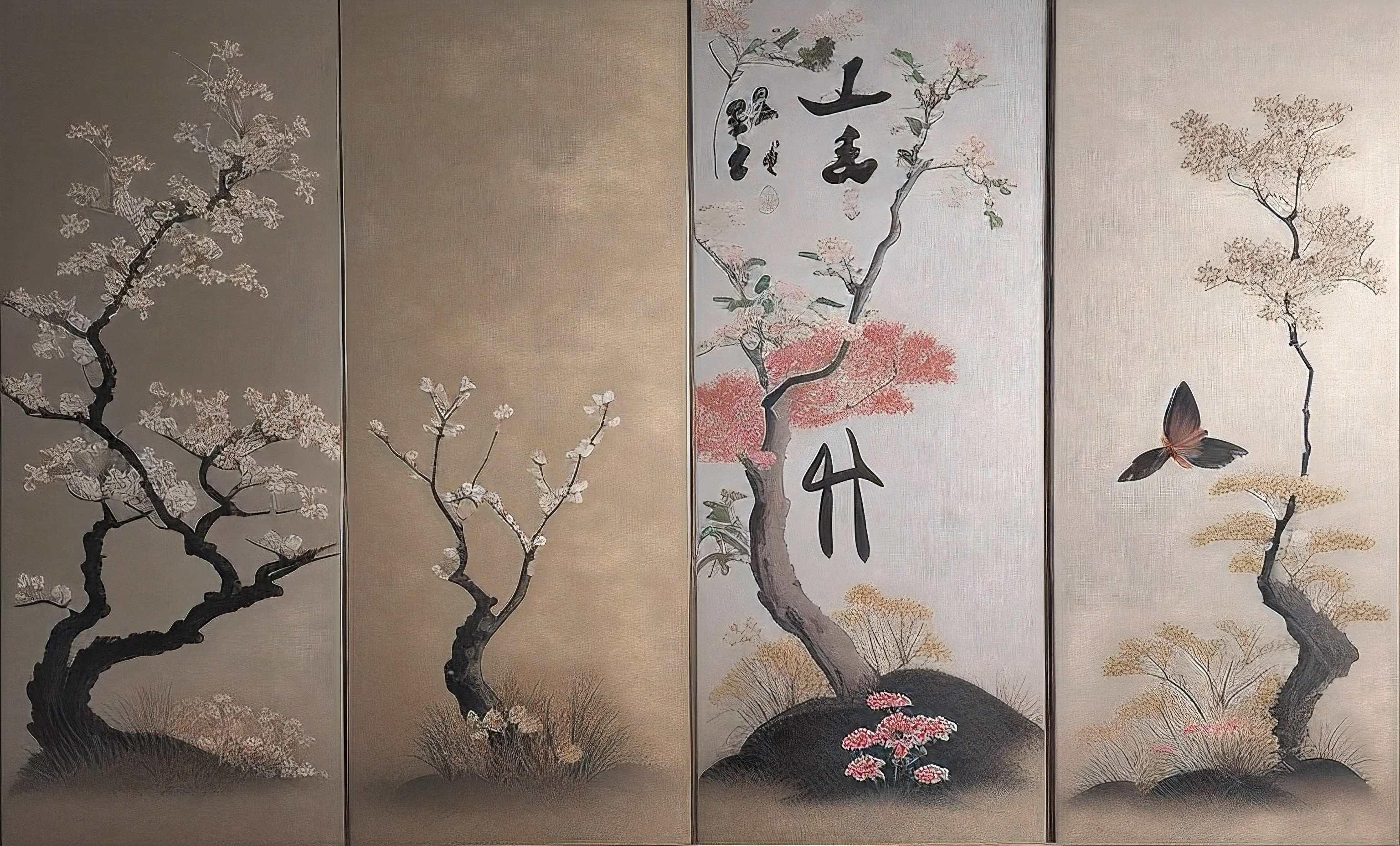 Three oriental drawing panels,There are flowers and trees on it, Japanese style painting, gold leaf painting, Chinese painting style, author:Gu An, author:Gu Wenxiang, author:Asainaka, Gold leaf art, author:Li Di, author:Wen Boren, author:Kan Lee, author:Ma Yuanyu, author:Julian, japanese related with flowers