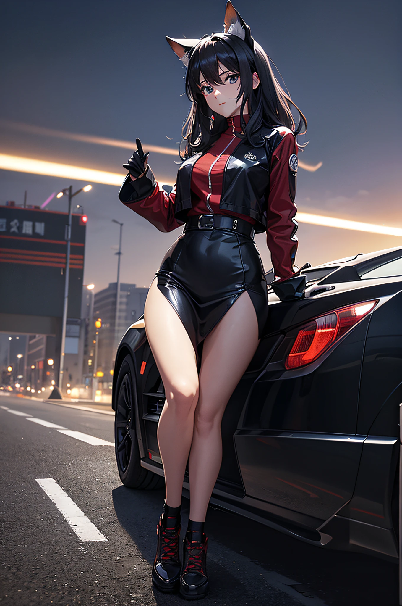 a woman wearing a long open red coat, wearing a black bikini, sunglasses on her head, smiling, long black stockings, long black hair, red eyes, full body, in a traditional racetrack next to a red racing car, holding a racing flag, perfect racing car with no bad detail, car next to the woman, night location, with lighting in place,(woman solo), HDR, ultra resolution, sharp, masterpiece, 8K HD