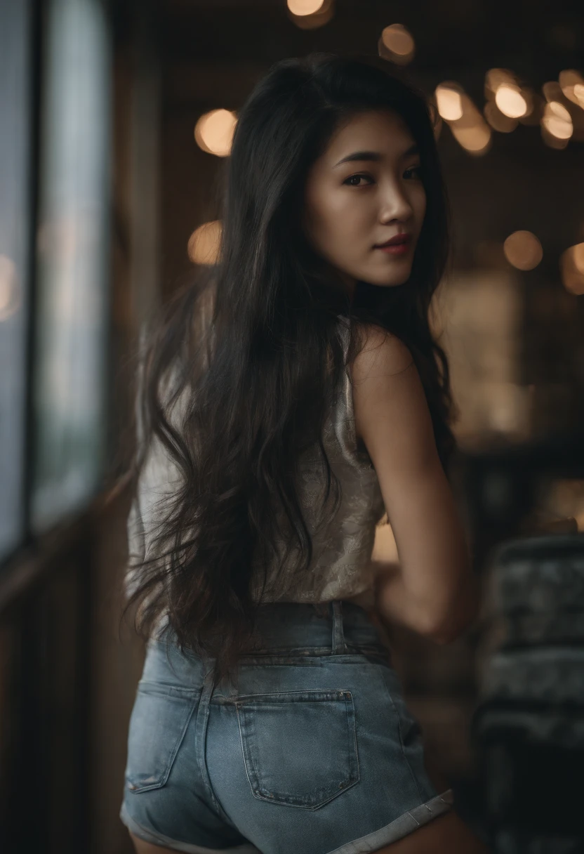 black haired beautiful asian girl, shorts