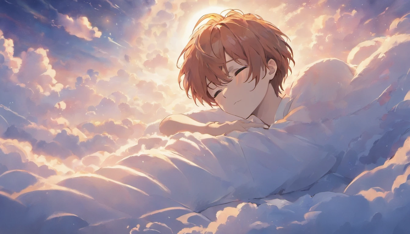 Sleeping on the clouds, Handsome man in white shirt, Eyes closed, Short-haired, Sunny