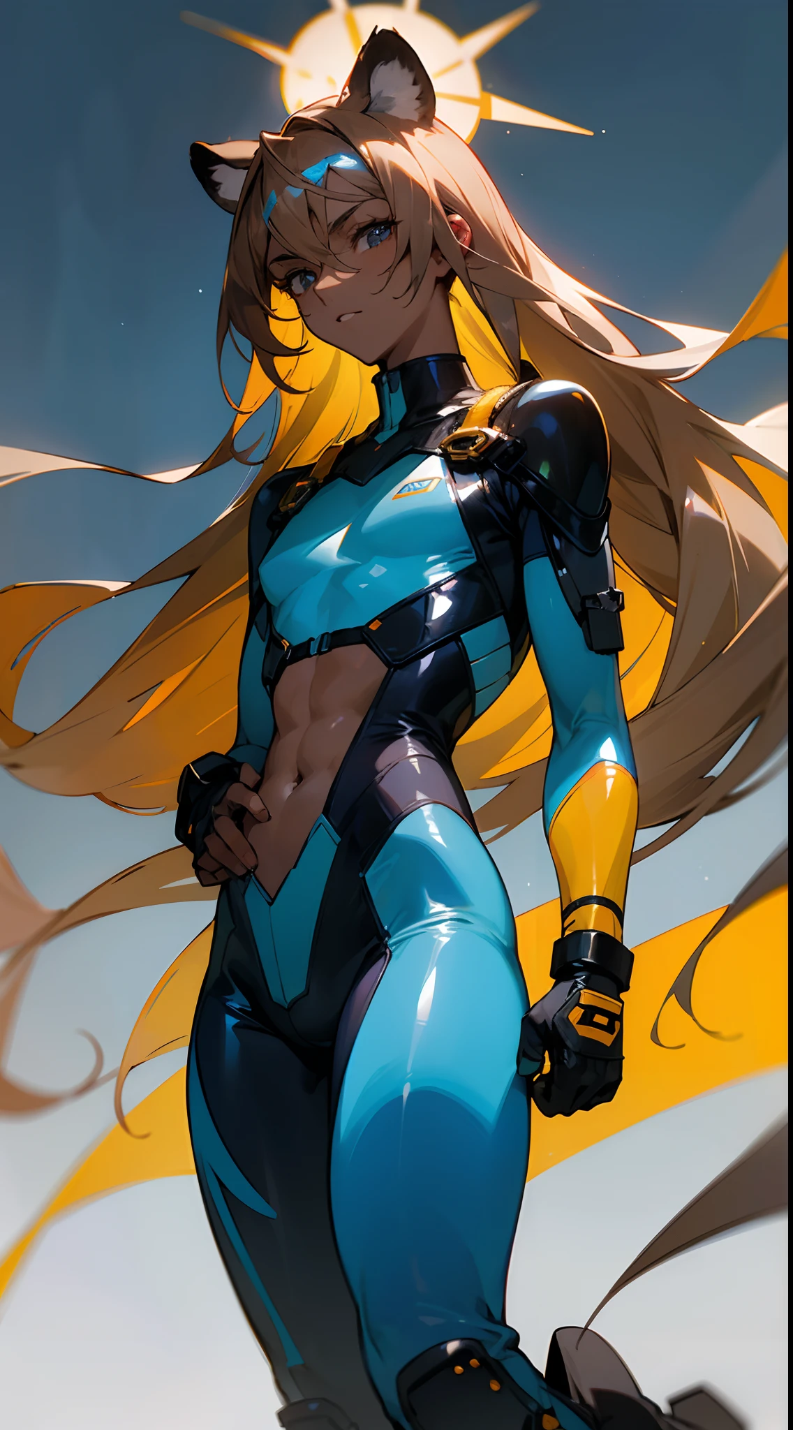 ((Best quality)), ((masterpiece)), (detailed: 1.4), (Absurd), (((super defined eyes)))), Fighter pilot Latina woman ready for war, perfect body, shiny tanned skin, Shakira, wearing a headband, defined muscles, half thick naked thighs, closed mouth, only in panties, include stars in clothing, muscular body covered by technological clothing, Neon Genesis Evangelion style, cyberpunk, generous neckline, ((perfect large breasts)), (brown eyes without pupils), ((clothing in the colors Yellow, red and blue)), (((full blonde hair)))), (Yellow, red and blue bands covering the breasts), ((drawings on the arms)), Colombia, short underwear, garter belt, by mucha, niji --V5, close to real, psychopathic, crazy face, sexy pose, background with a giant Gundam-style Robot head, 2 piece clothing, shoulder pads with airplane wings, pastel, centered, scale to fit dimensions, HDR (High Dynamic Range),Ray Tracing,NVIDIA RTX,Super-Resolution,Unreal 5,Subsurface dispersion, PBR texture, Post-processing, Anisotropic filtering, Depth of field, Maximum clarity and sharpness, Multilayer textures, Albedo and specular maps, Surface shading, Accurate simulation of light-material interaction, Perfect proportions, Octane Render, Two-tone lighting, Wide aperture, Low ISO, White balance, Rule of thirds, 8K RAW, crysisnanosuit