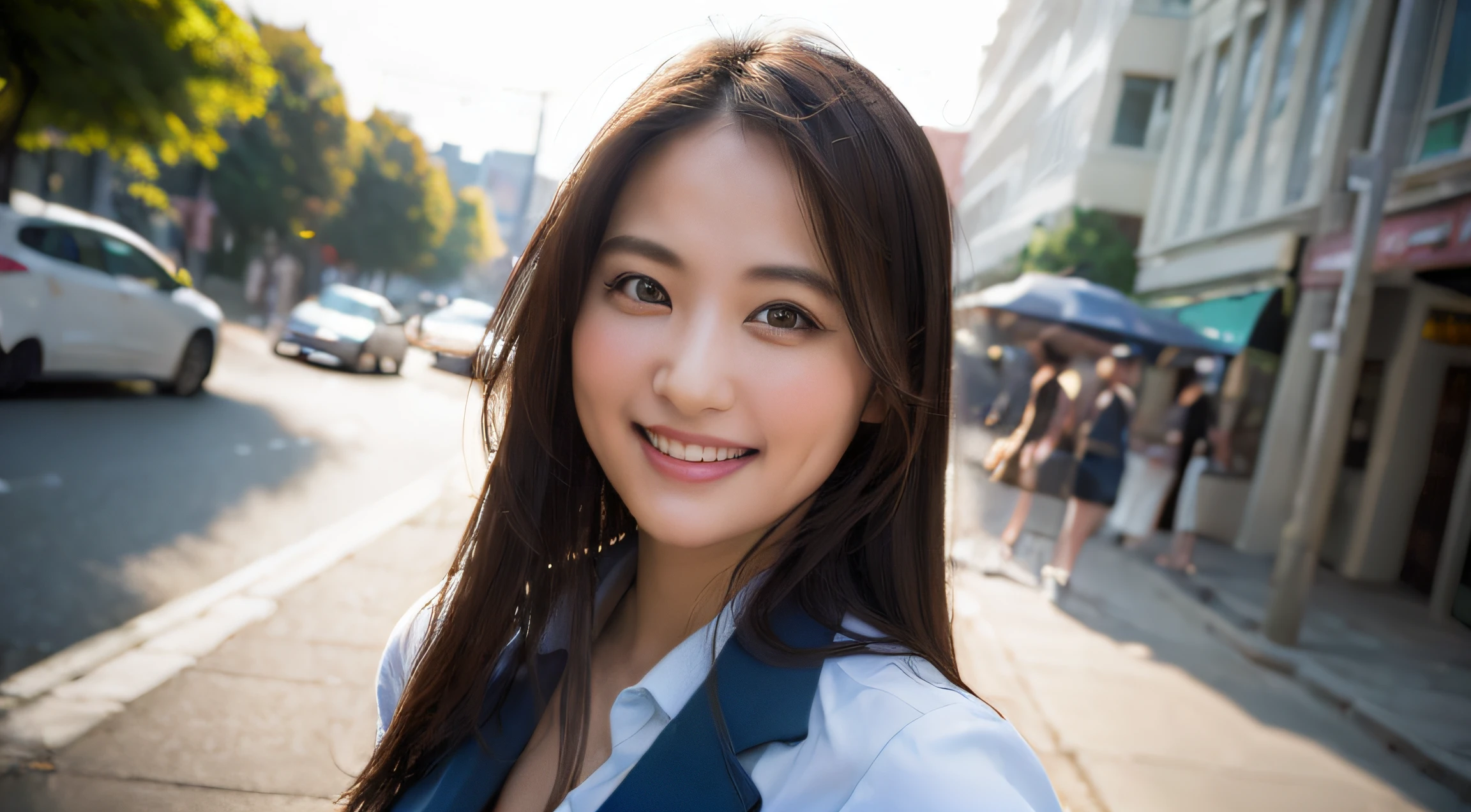 1girl, happy, smiling, (at street:1.2), ((office uniform:1.2)),night, RAW photo, (photorealistic:1.37, realistic), highly detailed CG unified 8K wallpapers, looking at viewer, (((straight from front))), (HQ skin:1.8, shiny skin), 8k uhd, dslr, soft lighting, high quality, film grain, Fujifilm XT3, ((upper body:1.6)), (professional lighting:1.6)