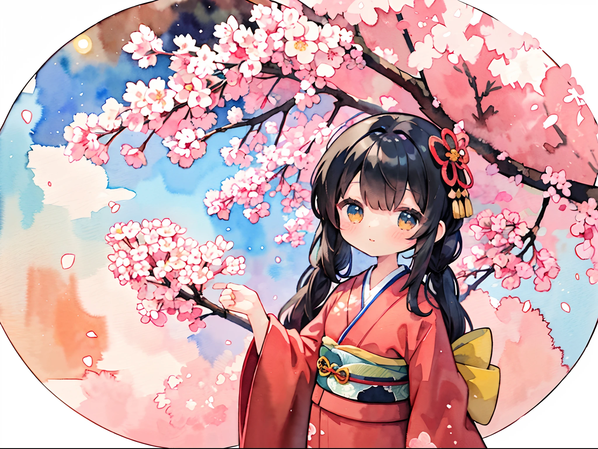 1sticker、a sticker、(watercolor paiting:1.3)、Nikkaze、(Cute *********** s)、(Gorgeous kimono)、(gorgeous hair accessory)、(Traditional hairstyles of Japan)、cherry trees、​​clouds、Huge round moon behind、stele、white backgrounid、without background、Simple background、Minimal、cute little、A tiny、PastelColors、vector image style、no gradien