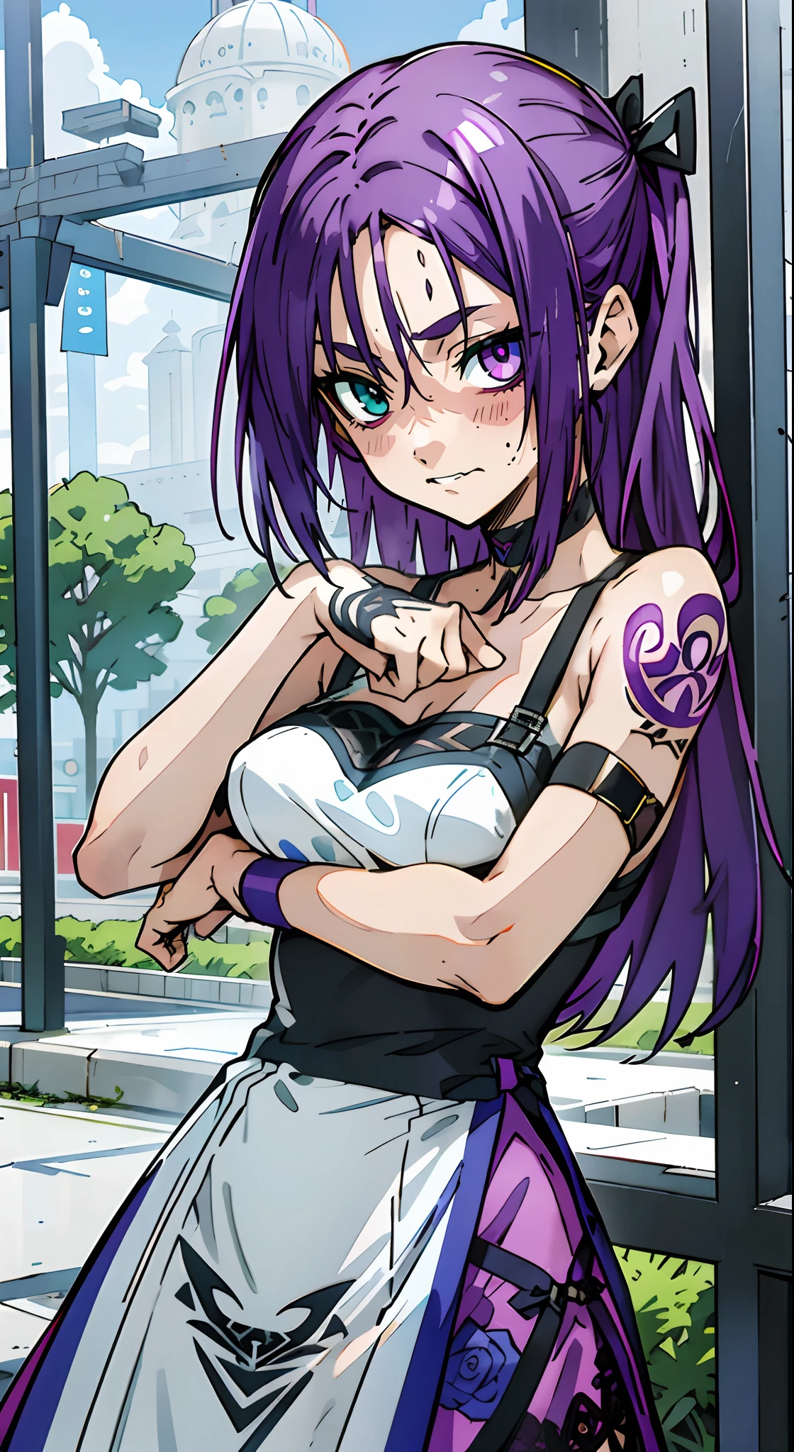 heterochromia, purple eyes, teal green eyes, sharp face