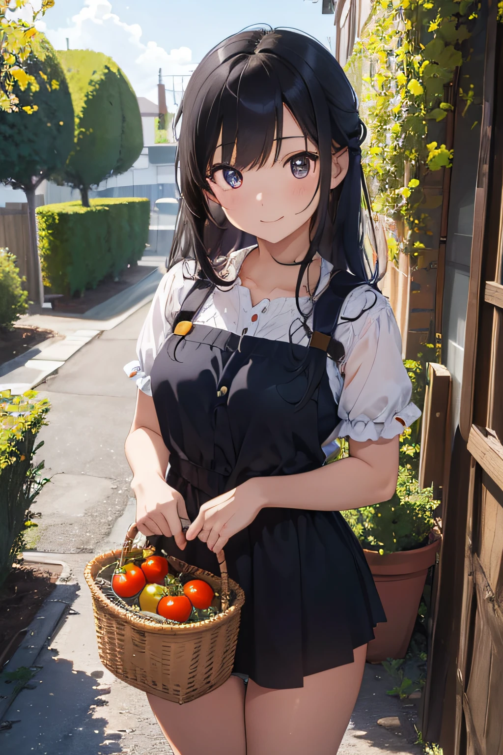 Super masterpiece, The most detailed, top-quality, in 8K, the perfect appearance, Woman growing tomatoes in the garden, 17 age, beautiful countenance, Shining eyes, shining black hair, a smile, blue-sky, Ripe tomatoes, Cowboy Shot,