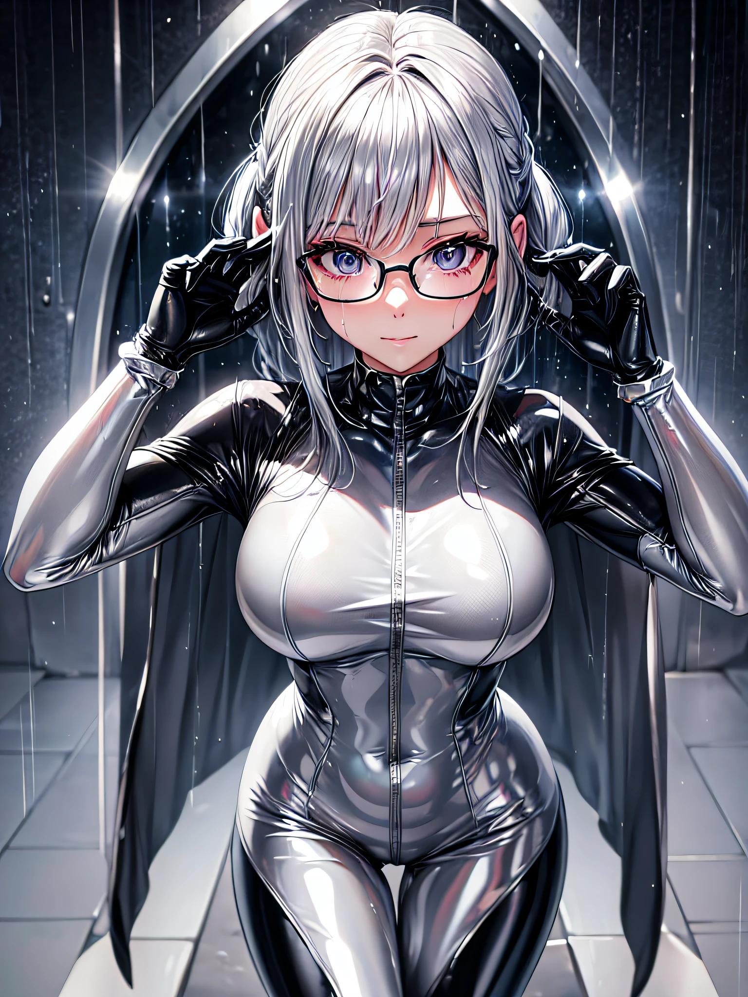 5 8K UHD、Silver shiny silver full body rider suit with glasses silver hair and nosed beauty soaking wet in the rain、Shiny silver latex slider suit with hidden skin