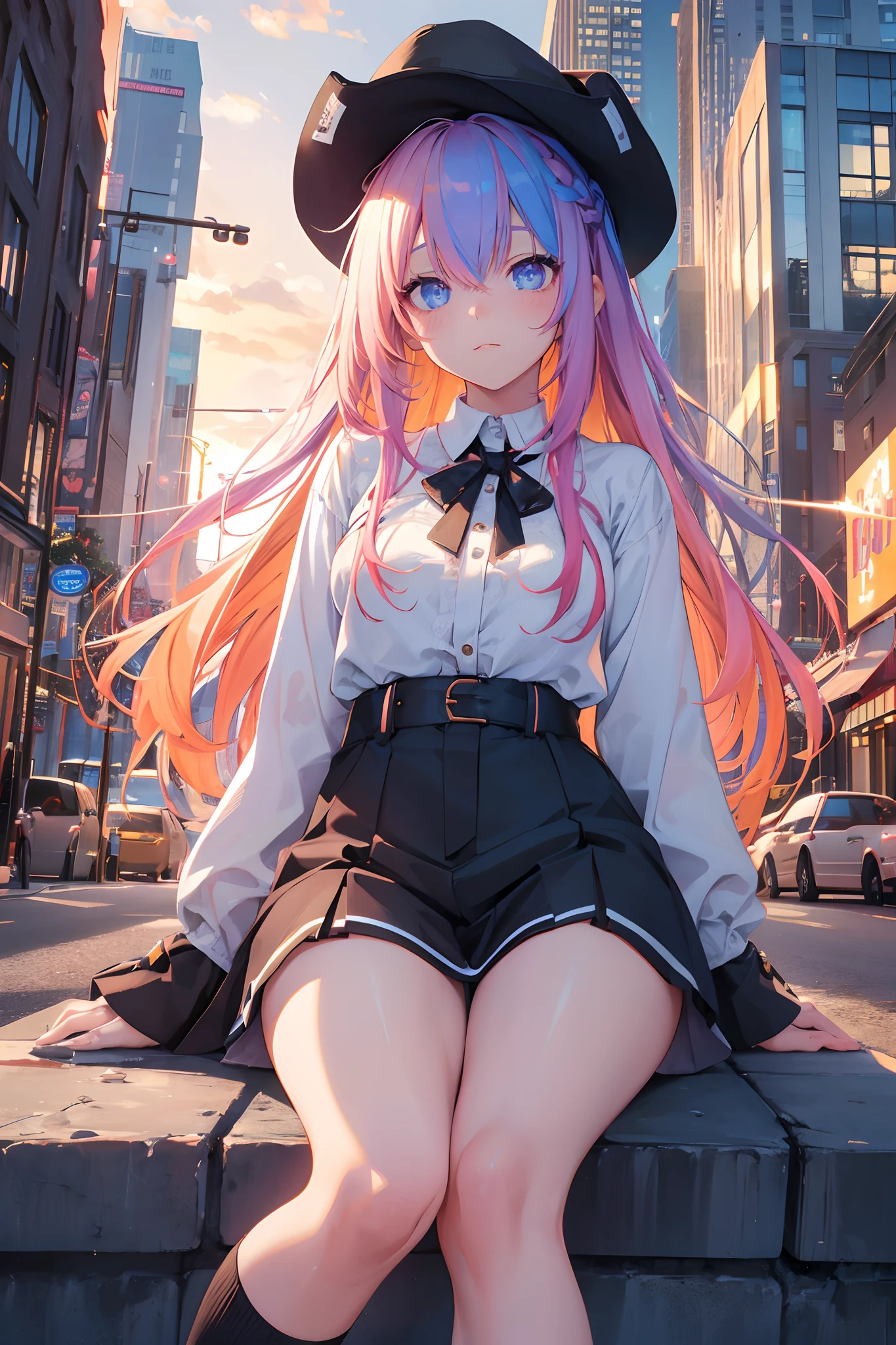 NY, (gradient hair, dutch angle:1.3), film grain, chromatic aberration, city, masterpiece, best quality, raw photo, photorealistic, absurdres, 1girl, cute, perspective, cowboy shot, highres, ultra detailed, detailed eyes and face, sharp pupils, realistic pupils, sharp focus, summer, night, detailed full figure, beautiful socks, Socks above the knees, chance meeting, runaway from home