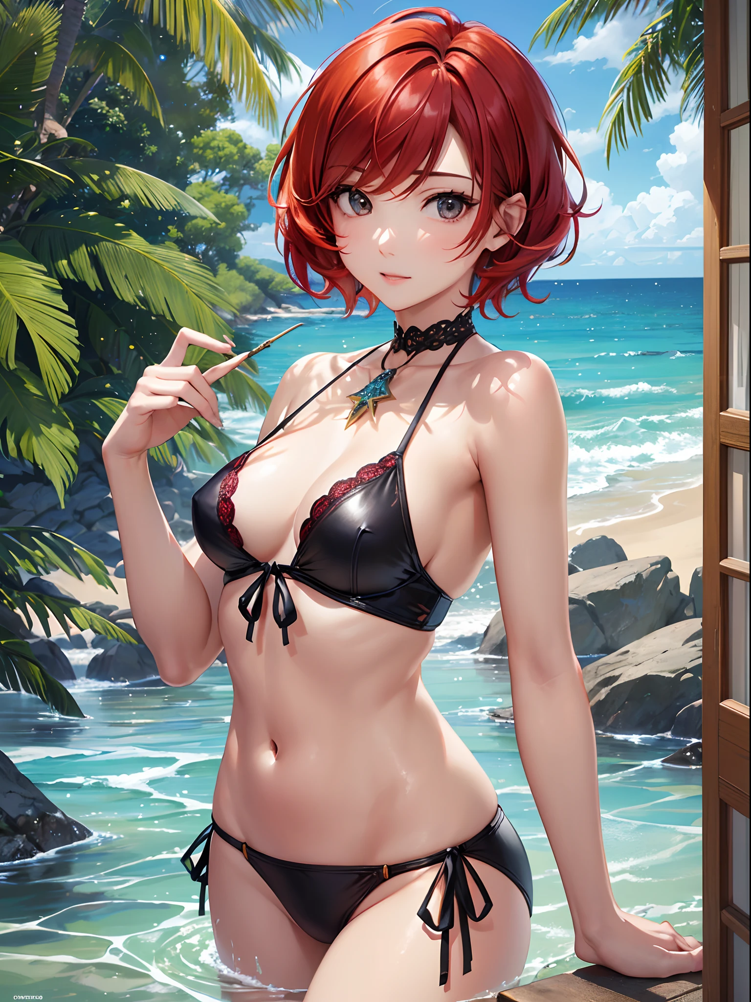 ((Finest quality)),(超A high resolution),(ultra-detailliert),(Meticulous portrayal),((Best CG)),(Finest works of art),Ultra-Precision Art,The art of astounding depiction, (1人の女性:1.5),(Red hair:1.5,short-cut:1.5),((small tits)),Swimsuit 1.3, reefs,tropical fish:1.3,calm sea