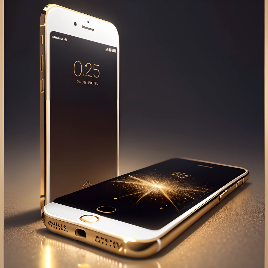 An advertisement for a smartphone that resembles a gold-plated iPhone studded with diamonds on a shiny base and a shiny ground that reflects the imagination of the image.