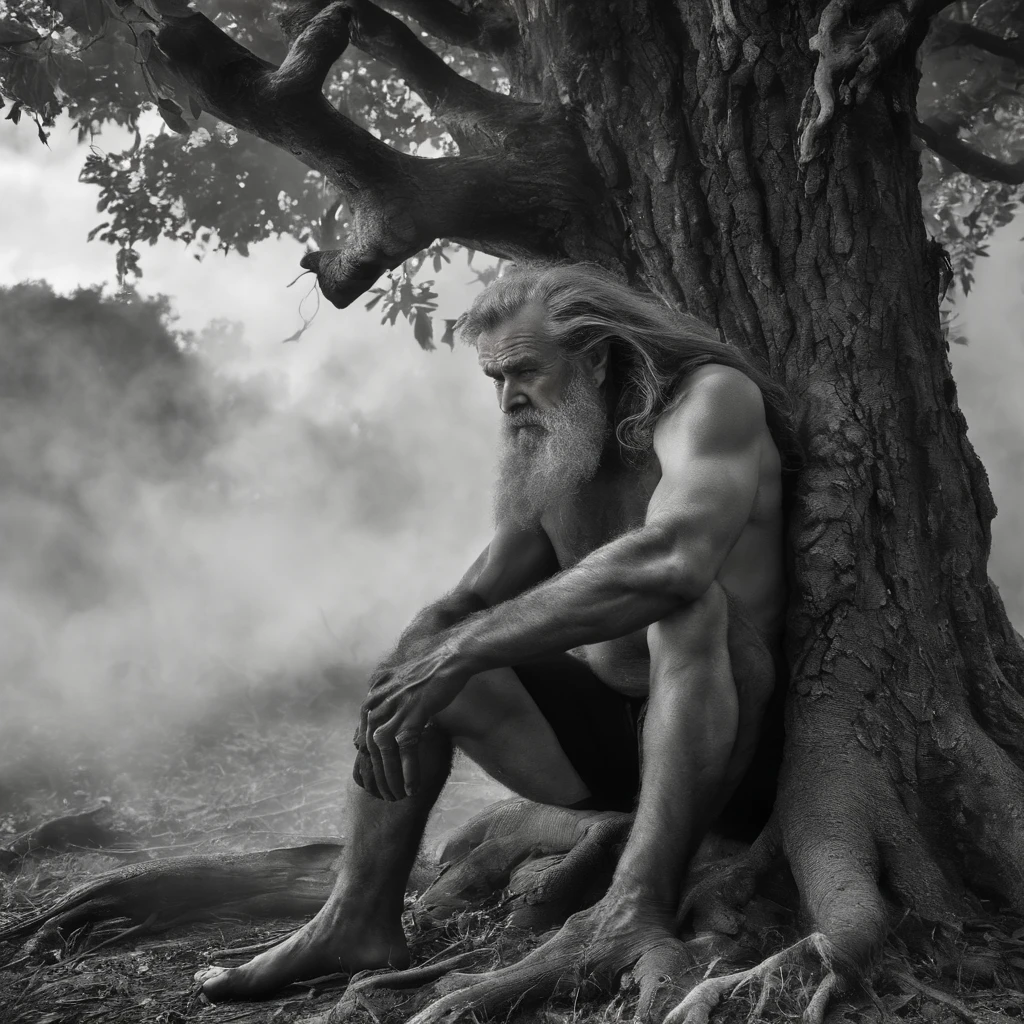 A terrifying giant tree-dwelling creature that smokes cigarettes at night, Body: robust, hairy, and muscular, Texture: Ripening bark, Head: Long gray hair, Body color: Black, Eye color: Green, Fingers: long and hardened nails, location: Leaning against an old tree while smoking a cigarette, action: smoking tobacco, Atmosphere: Wet in the shadows, Color: Deep and rich dark tones, Perspective: low angles, emotions: uneasy, fascination, resolution: High resolution, Cinematic, Hyper-realistic, Detailed.
