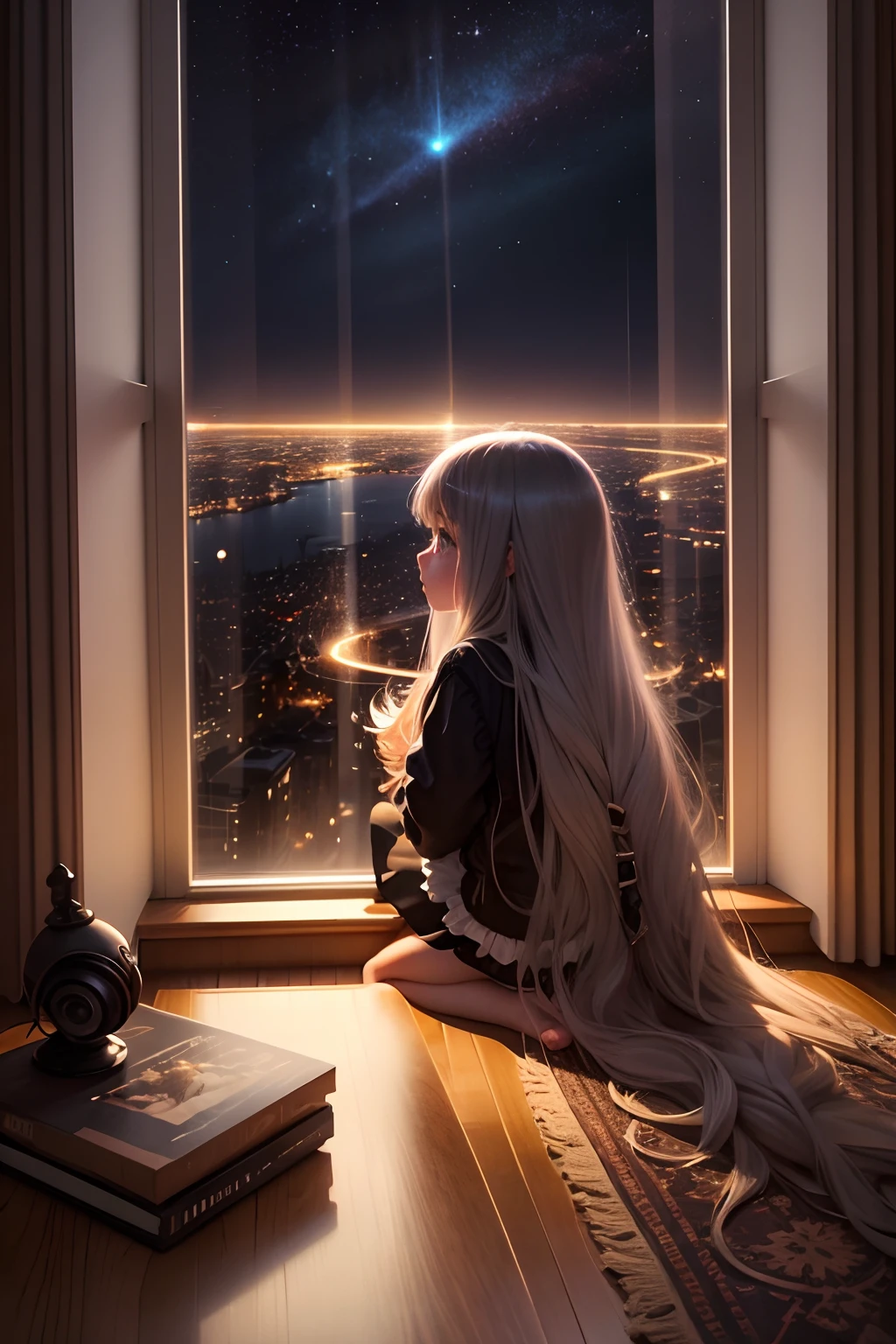 floor to ceiling window,Big city night view, girl with long hair,table light,Listen to music