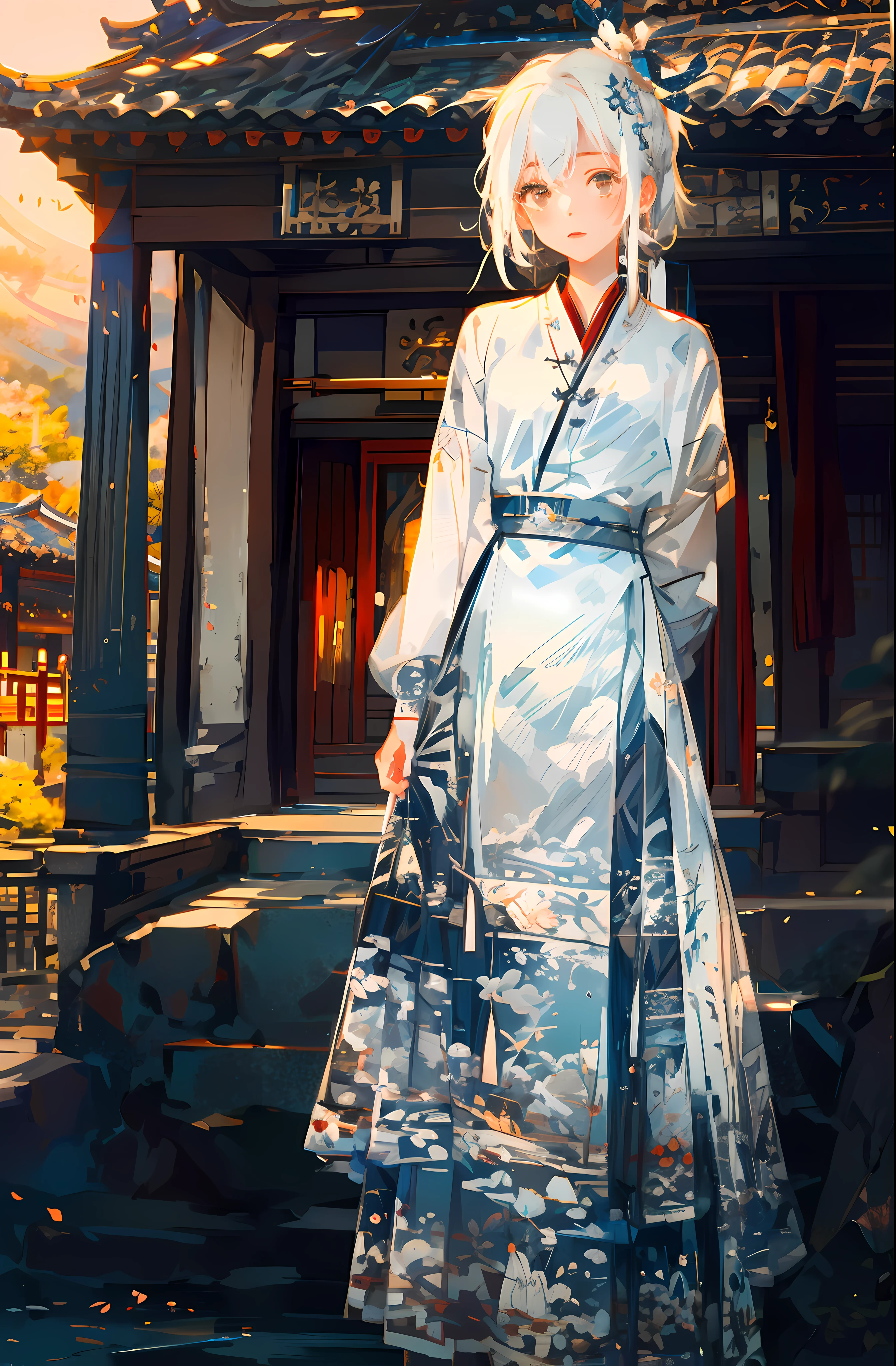 masterpiece, best quality,1 Girl, white shirt, red skirt, there is a beautiful pattern of embroidery on the skirt, white hair,east asian architecture, 1 red temple