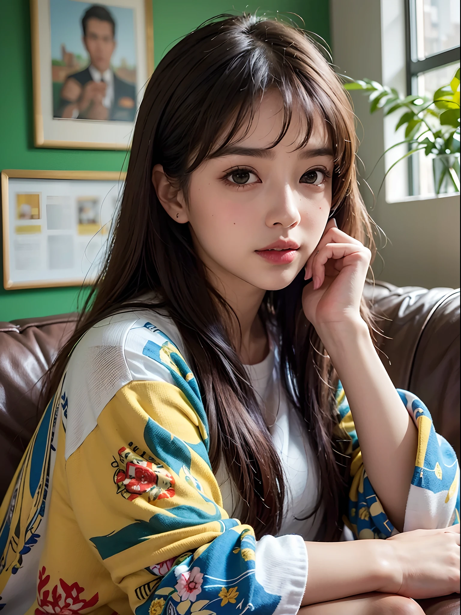 ((masterpiece, best quality, realistic, hyper-detailed)),1wanita, duduk di sofa, seragam sekolah, rambut hijau, tersenyum malu, (dada kecil:1.0), (paha kecil1.0), disekolah --auto --s2