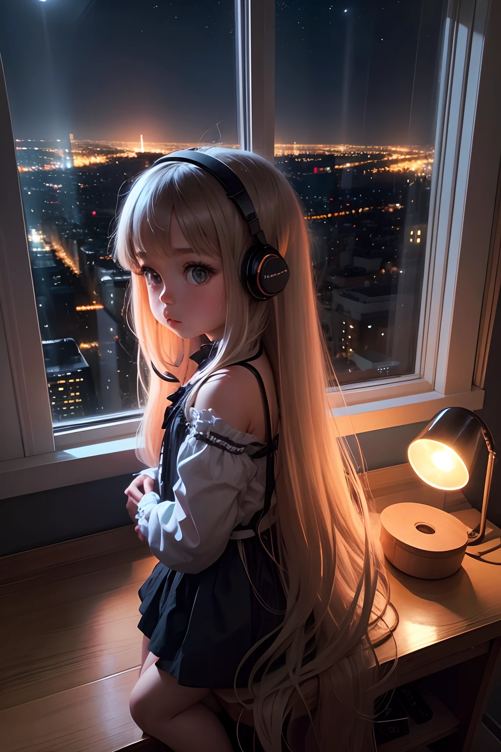 floor to ceiling window,Big city night view,Little girl with long hair,table light,Listen to music
