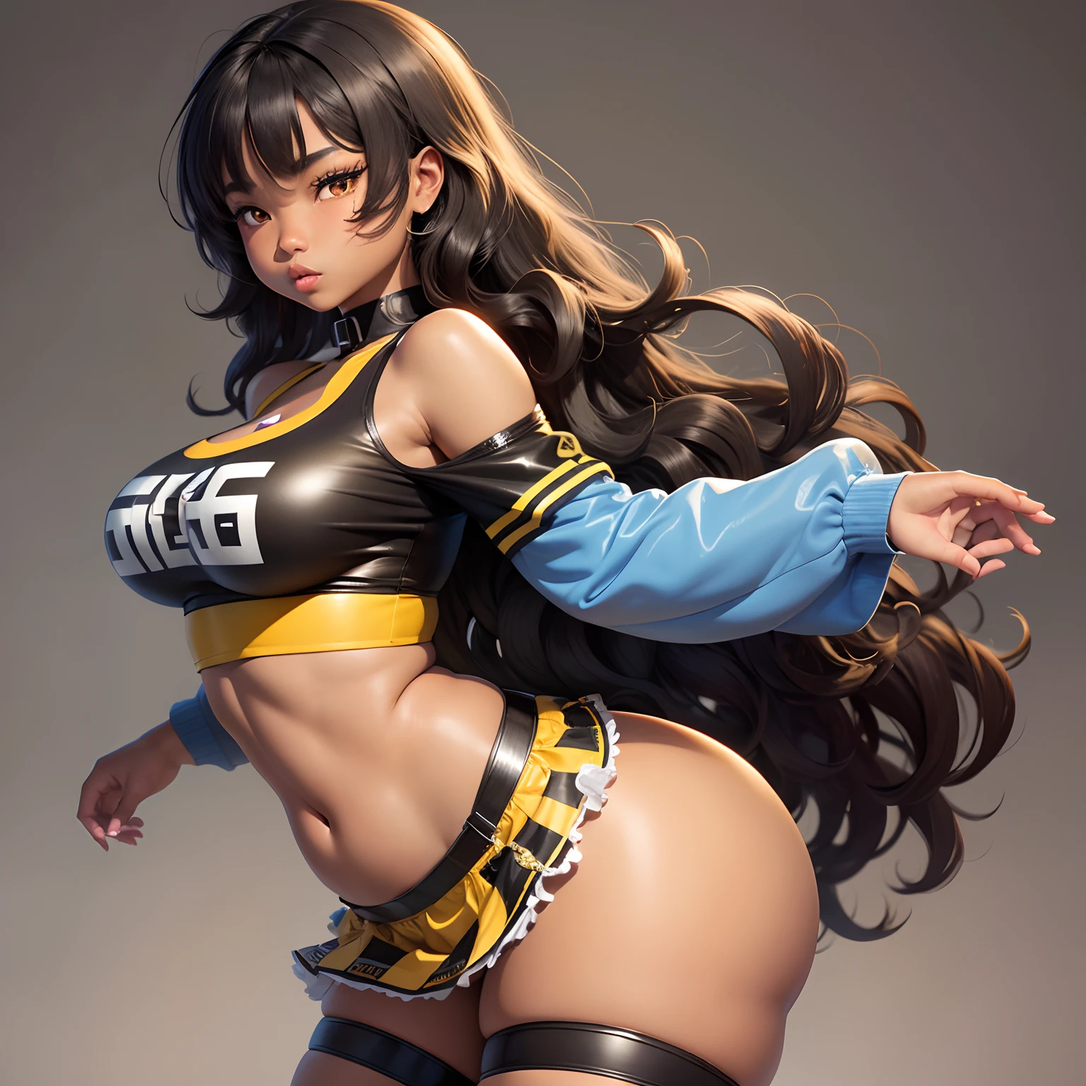 Blasian girl with light brown skin with Heterochromia eyes blue and yellow eyes and long black wavy hair big chest and a curvy body with wide hips and a big butt dressed in y2k fashion in a mini skirt and crop top