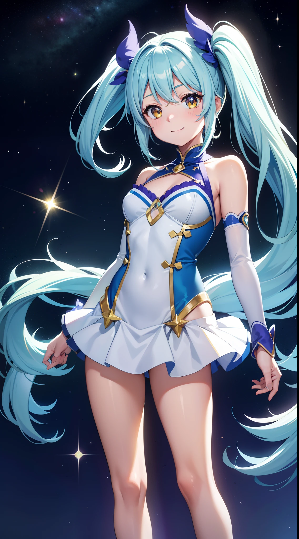 Super Idol Chibichara A charming smile sky blue hair length hair Twin-tailed Glittery bright white and yellow leotards facing front Mystical Fantasia constellation a moon Crystal Brilliance Aurora Borealis in the Night Sky
