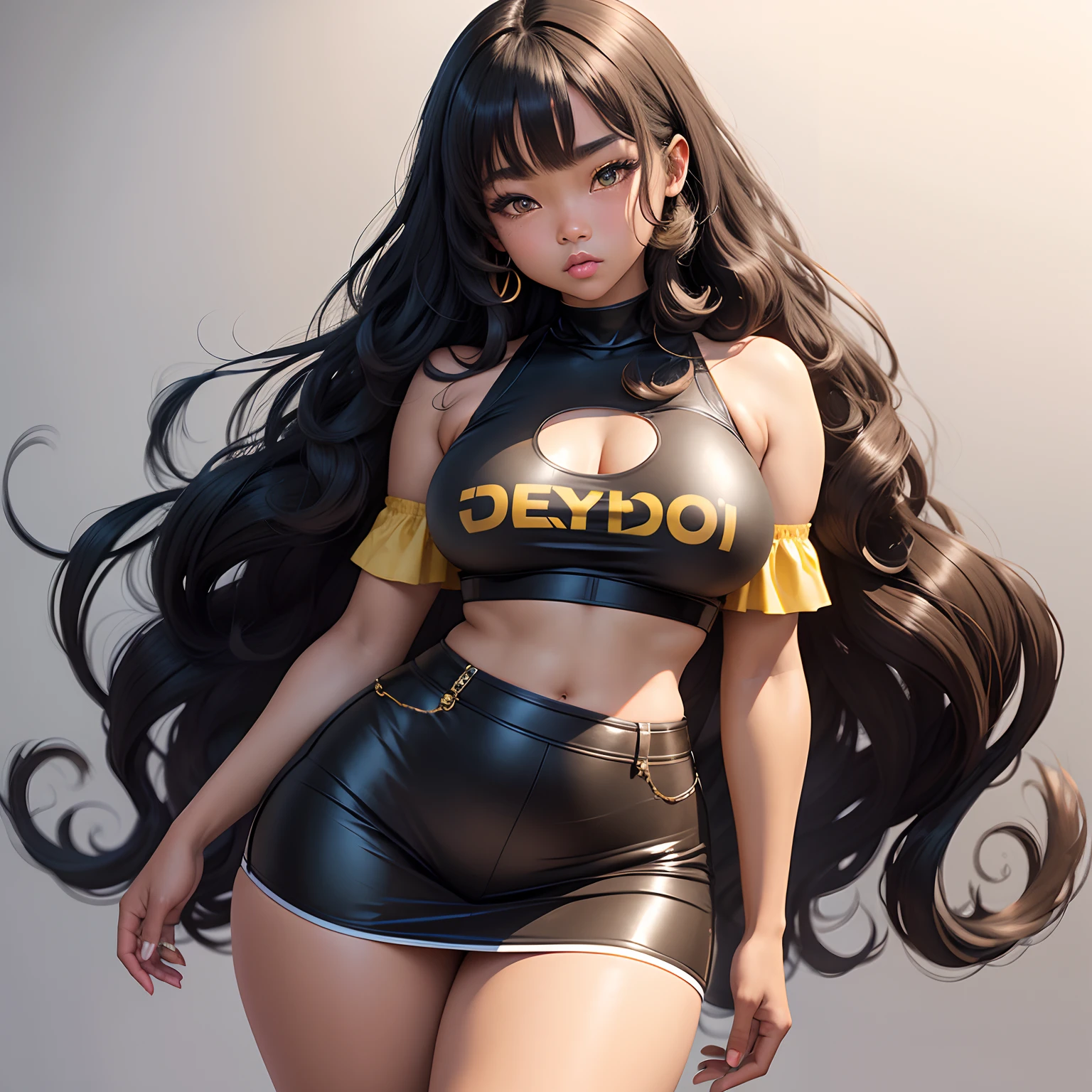 Blasian girl with light brown skin with Heterochromia eyes blue and yellow eyes and long black wavy hair big chest and a curvy body with wide hips and a big butt dressed in y2k fashion in a mini skirt and crop top