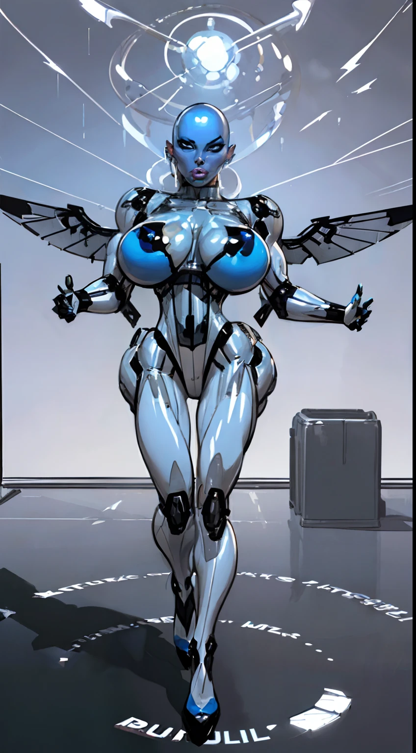 8k ((full body view:1.4)) (large eyes:1.3), defined cheekbones, 1woman, ((the pit style:1.4))((defined jawline:1.2)) ((sleek chrome bodysuit:1.6)) (detailed face:1.5), blue skin,(puffy lips:1.5) (blue skin:1.6), (bald woman:1.7), (skinhead) ((stands confident)),(Muscular:1.3), ((gigantic breasts:1.6)) ((front view:0.6)), )highly detailed, majestic, digital photography, art by artgerm and ruan jia and greg rutkowski, ((metal wings on back:1.4)), (masterpiece, sidelighting, intricate details, black and blue color palette