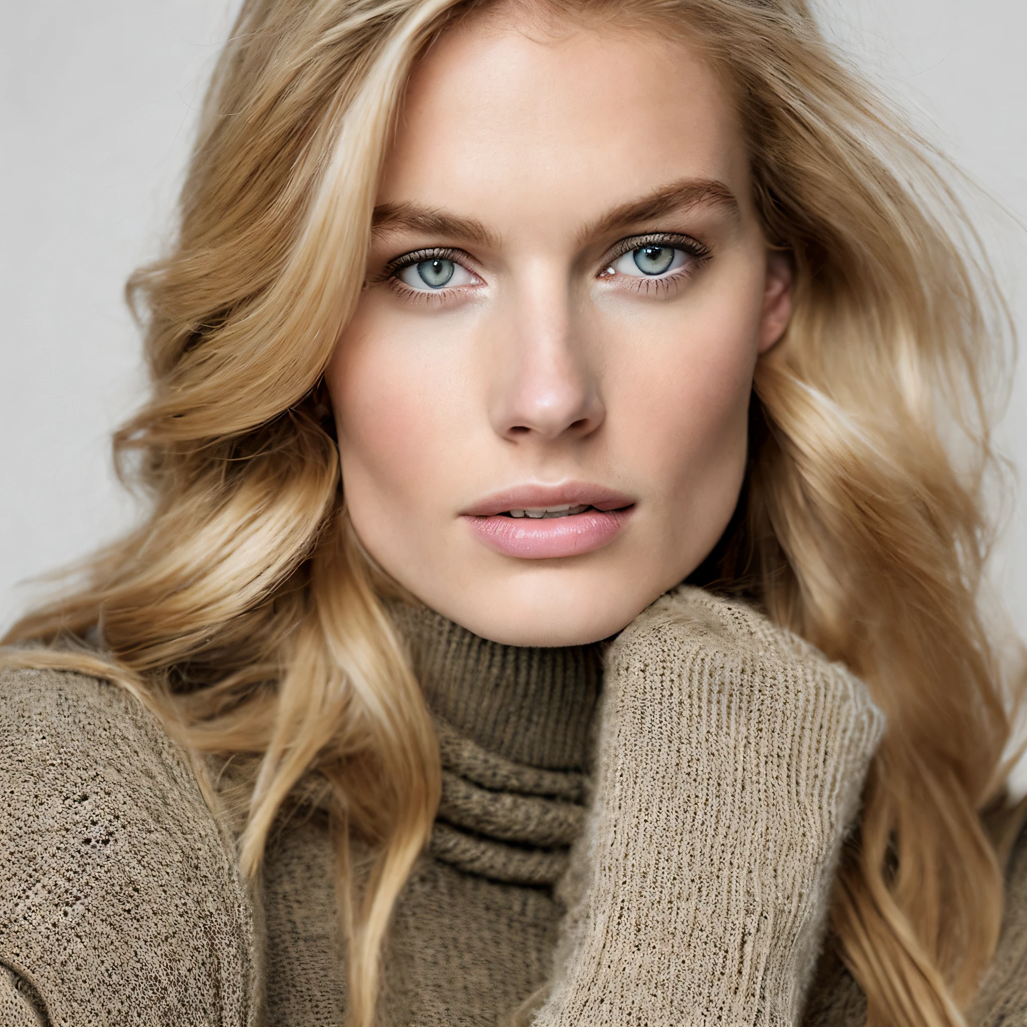 Close-up portrait of a young Russian and French woman, blonde, sexy, with a turtleneck sweater, sharp eyes, seins ferme,
