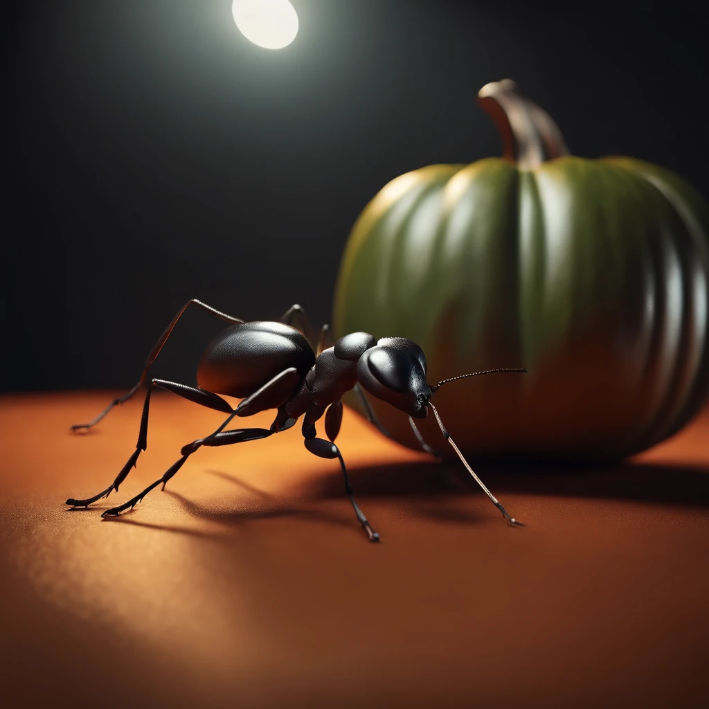An ant lying on a Halloween pumpkin,in a panoramic view,(tmasterpiece,best qualityer:1.2),very delicate beautiful,the best lights,The best shadow,depicted as a 3 d render, stylized as a 3d render, stylized 3d render