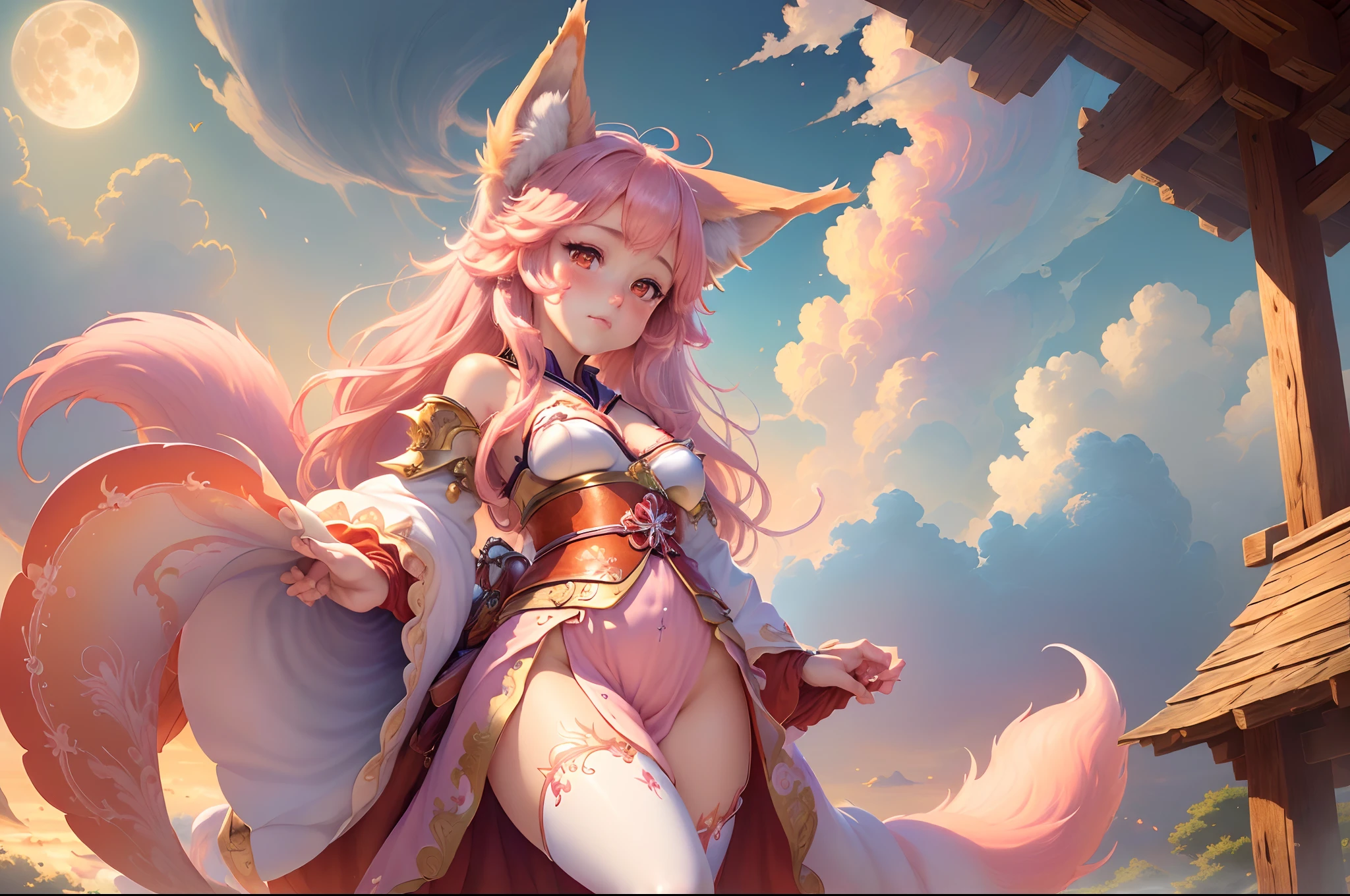 ((best quality)), ((masterpiece)), (detailed), (fantasy illustration:1.3), (detailed cloudscape:1.3), (high-resolution:1.2), cute fox girl, kitsune, fox, cute girl, small breasts, shy, embarrassed, blush, Pink ears, pink tails, Pink tail, pink hair, purple eyes, perfect body, magical white kimono with red details and red skirt, full Moon background