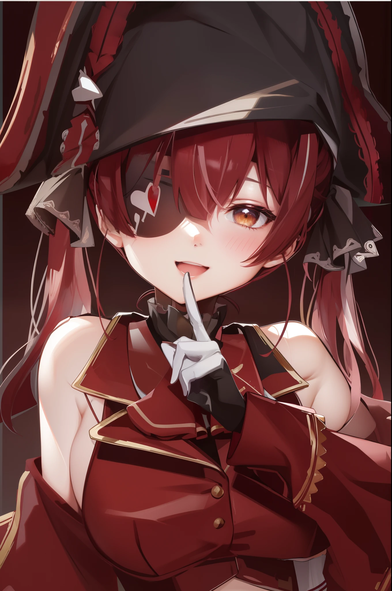 masterpiece, best quality, absurdres, perfect antomy, houshouBase, 1girl, solo, heterochromia, red eyes, yellow eyes, twintails, long hair, hair ribbon, large breasts, white gloves, frilled choker, red ascot, leotard, leotard under clothes, red jacket, cropped jacket, sleeveless jacket, black coat, off shoulder, bicorne, red skirt, miniskirt, leather belt, black thighhighs, standing, smile