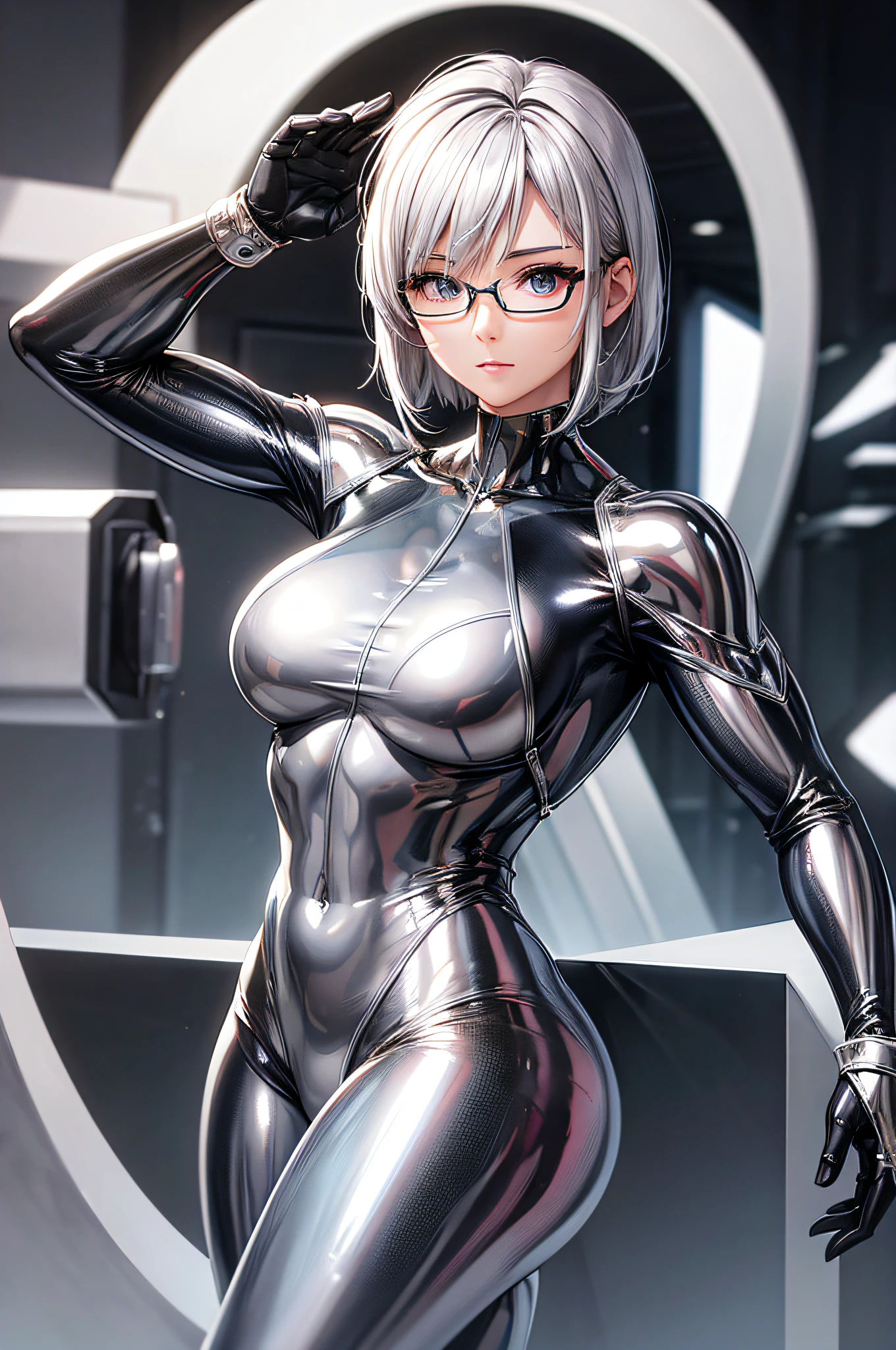 5 8K UHD、Muscular beauty with short silver hair in shiny full-body silver suit with glasses with hands folded behind her head、Shiny silver latex suit with hidden skin