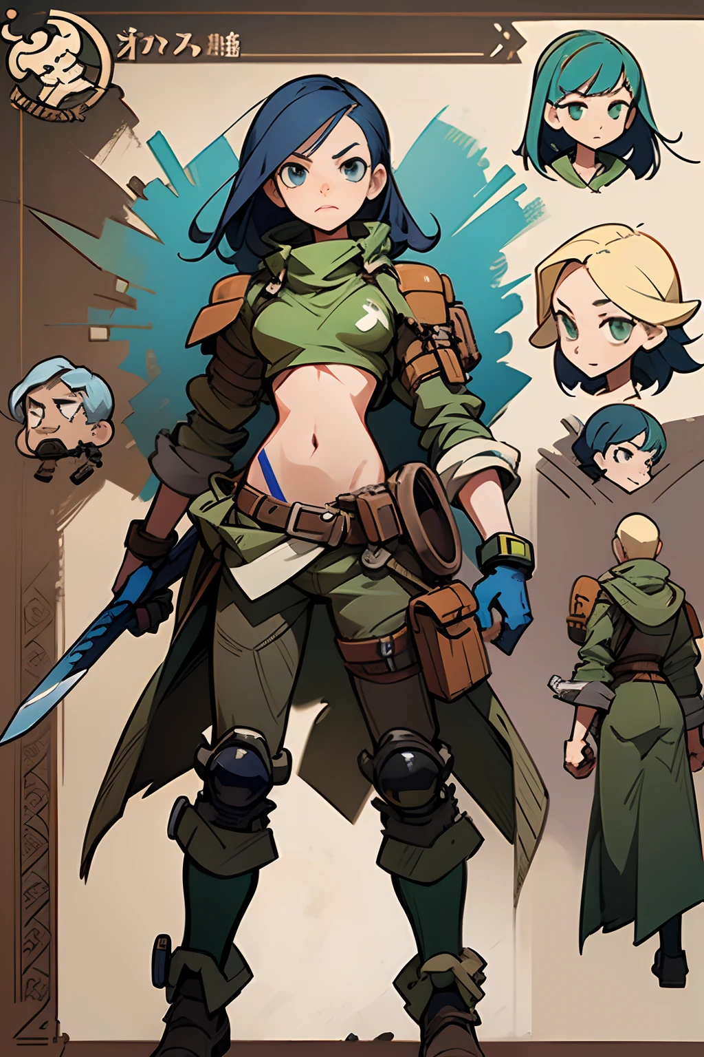 A close-up of a man in a knife suit,((concept art of character)),((CharacterDesignSheet、Same role、frontage、Lateral face、on back))Character art for Maple Story,video game characters designs,video game characters designs,,expert high detail concept art,metal slug concept art,interesting character design,gravity rush inspired,Viscous tar。concept-art,Belt buckle,steampunk weapon,fully body photo,Sword