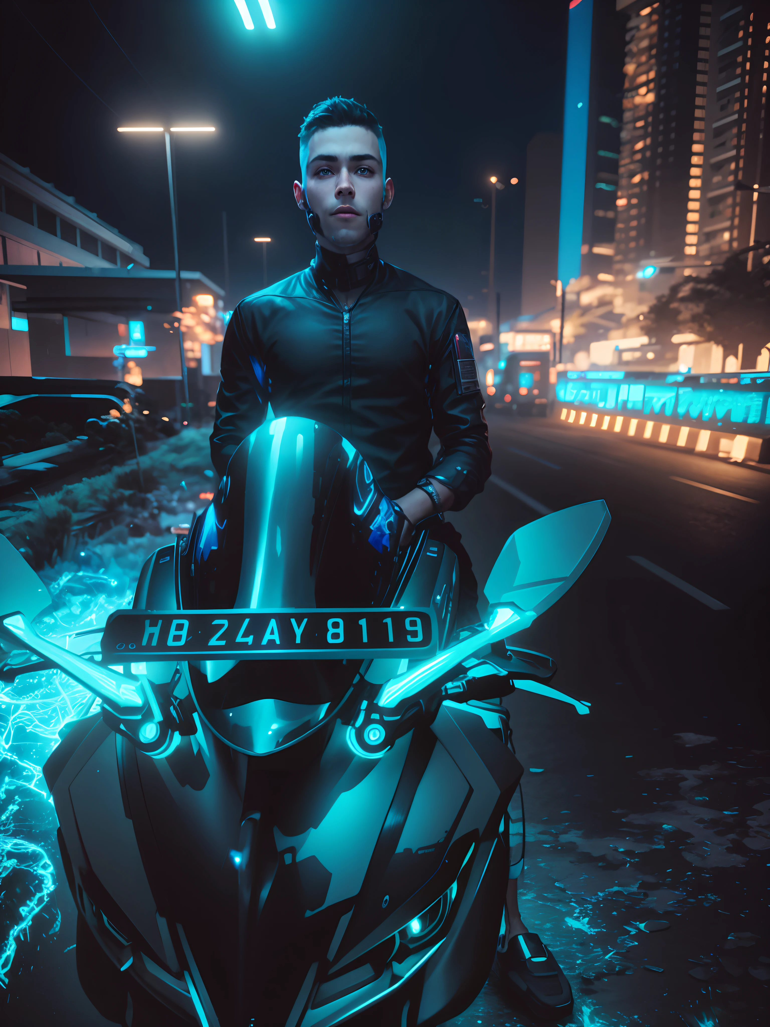 Cyberpunk boy riding bike, handsome boy, 8k ultra realistic