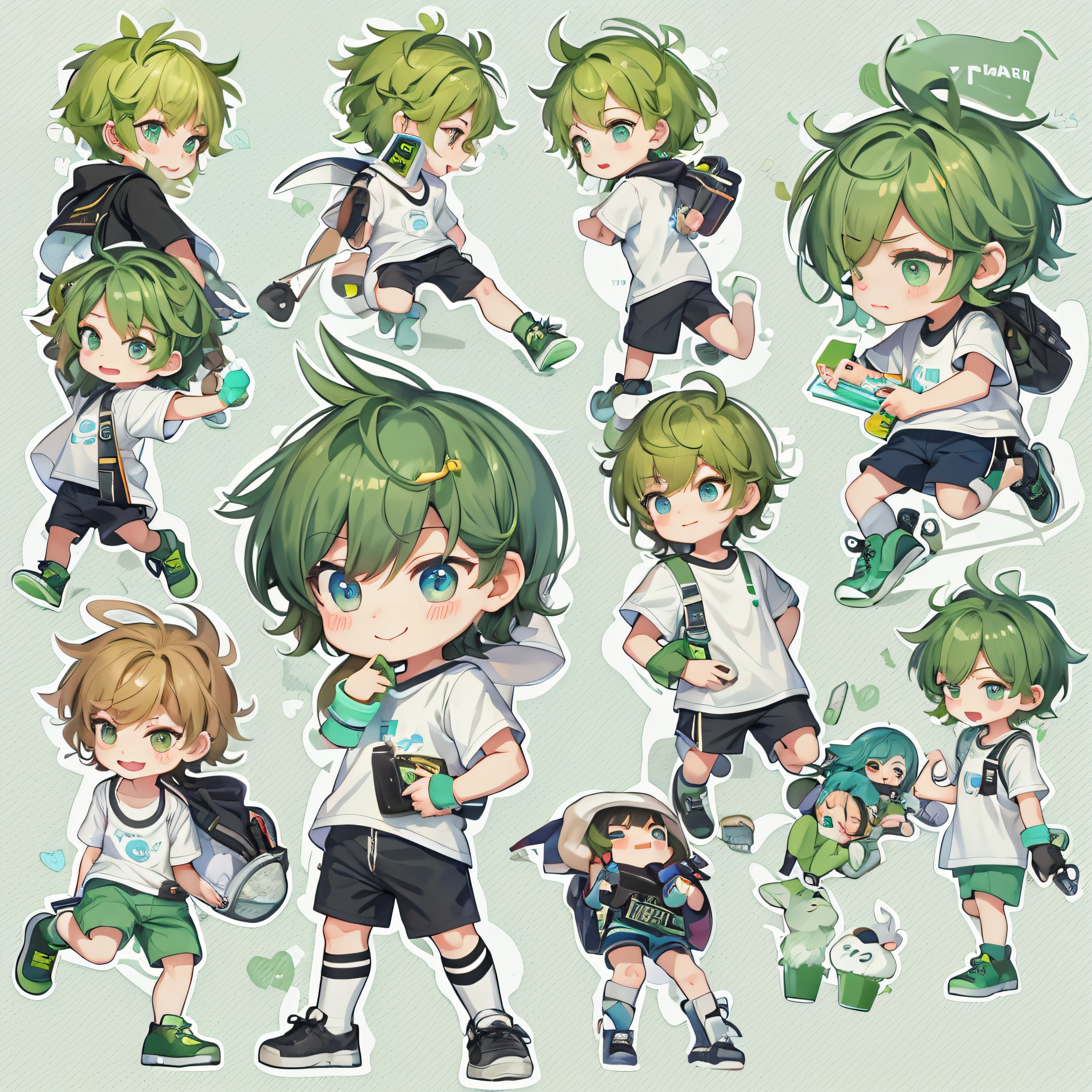 Reaping、Green head hair、shoun、shoun,twinks、Very short、1 persons,short-haired, 独奏, (twitch emote:1), Chibi, Eyes are brown eyes, comic strip, man、white backgrounid, a sticker, Thick black outline,、short-haired、full body Esbian、Blue shorts、short-haired、Cool、Mini、Black shorts、white t-shirts、Green cat ears、Green Socks、Chibi Chara.short-haired、Male child、with light glowing、gamer、A smile、action、Short