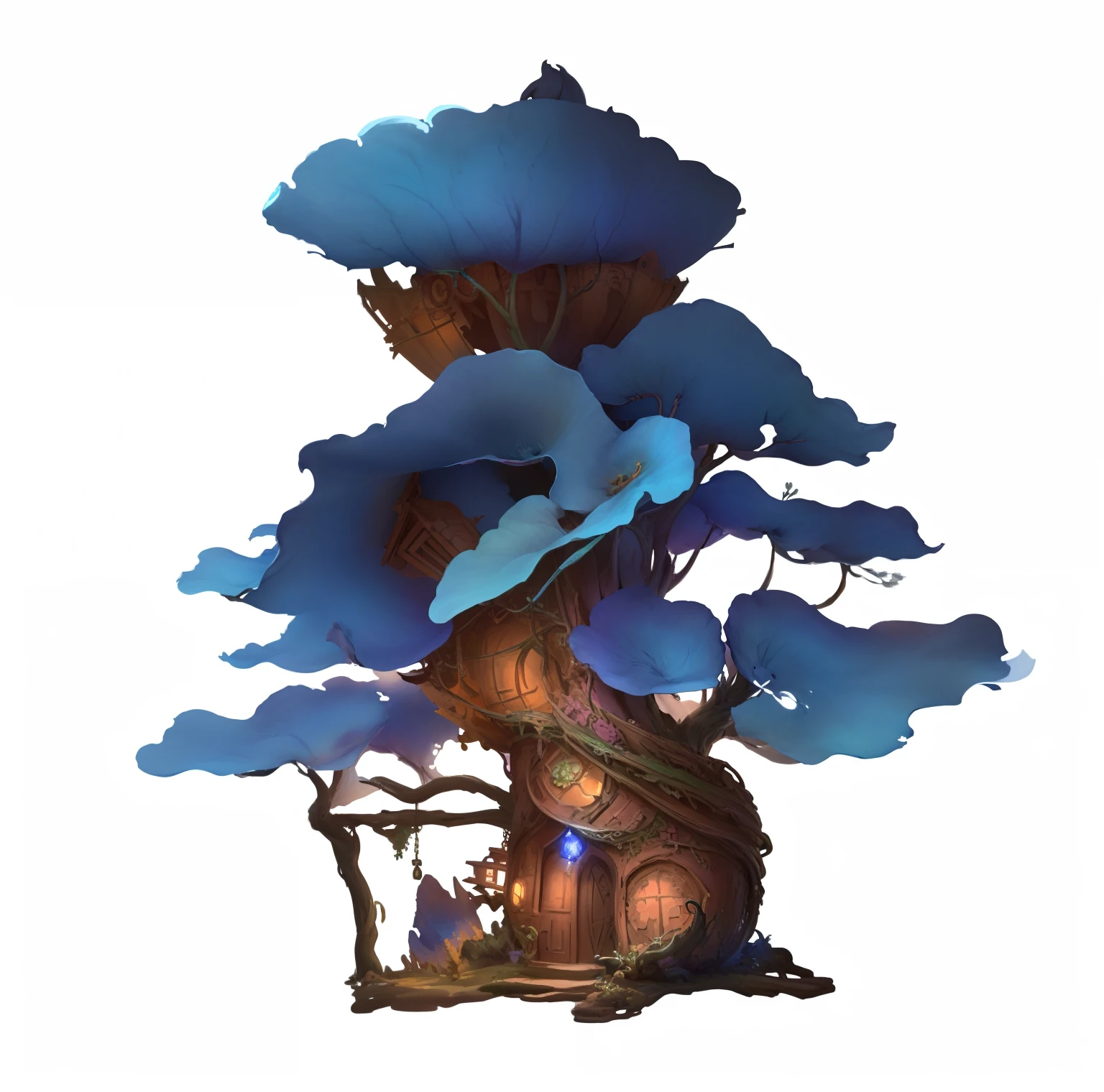 There is a tree house，There is a swing in the middle, painted as a game concept art, stylised painting, stylised painting, made of tree and fantasy valley, Concept illustration, finished concept art, Stylized concept art, low details. Digital painting, A digital painting, arte de fundo, drawn in anime painter studio, stylized painterly，(Best quality,4K,A high resolution),Ultra-detailed,Realistic,cyberpunk tree house,bonsai tree house,Tall and scary details,Forest on the roof,enchanted forest tower,pine treehouse, Intricate concept art,Complex rendering,Highly detailed conceptual art, intricate environment,Elf-like architecture,Highly detailed conceptual art,Mandelbrot bulb building,Spiral staircase，baroque buildings，Detailed complex rendering of gorgeous doors,4K，There is a glowing sapphire at the top of the door，Gorgeous realistic light and shadow with rich details，There is a huge observation deck at the top，The interior is self-luminous，Soft blue cloud-shaped leaves，Huge terrace，deep dark background，The ground has gorgeous light spots