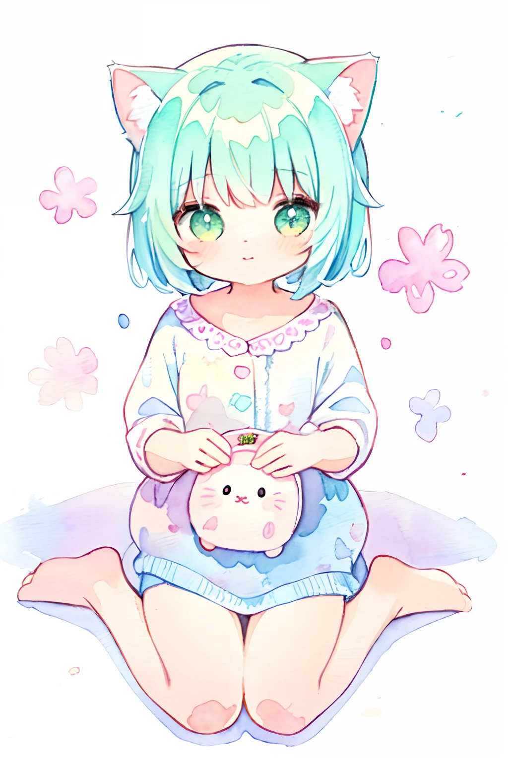 cat, fullbody,1 girl,
(pastel color:1.5),(cute illustration:1.5),(watercolor:1.2),white back ground,